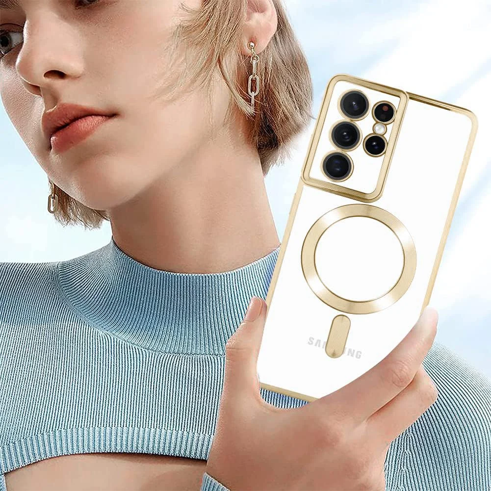 DL3 Mobilak Clear TPU Case for Samsung Galaxy S21 Ultra, Compatible with MagSafe accessories, Supports wireless charging, Camera protection - Gold