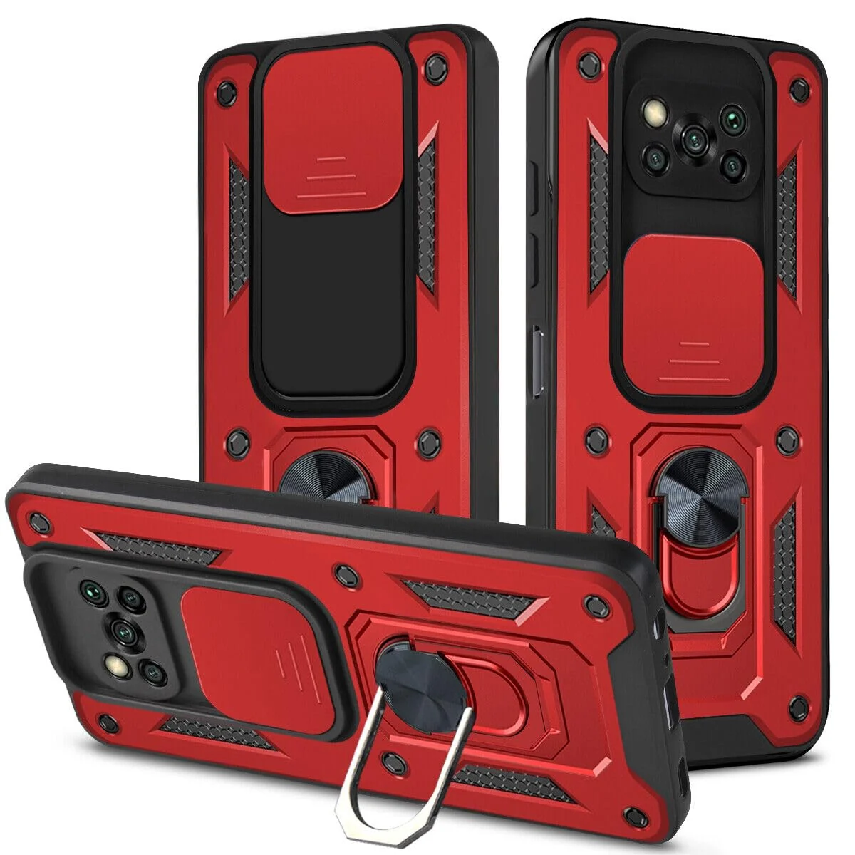 DL3 Mobilak Military-Grade Protective Case with Sliding Camera Cover, Metal Ring Kickstand and Magnetic Car-Mount Support for Xiaomi Poco X3 Pro / Poco X3 NFC / Poco X3 - Red