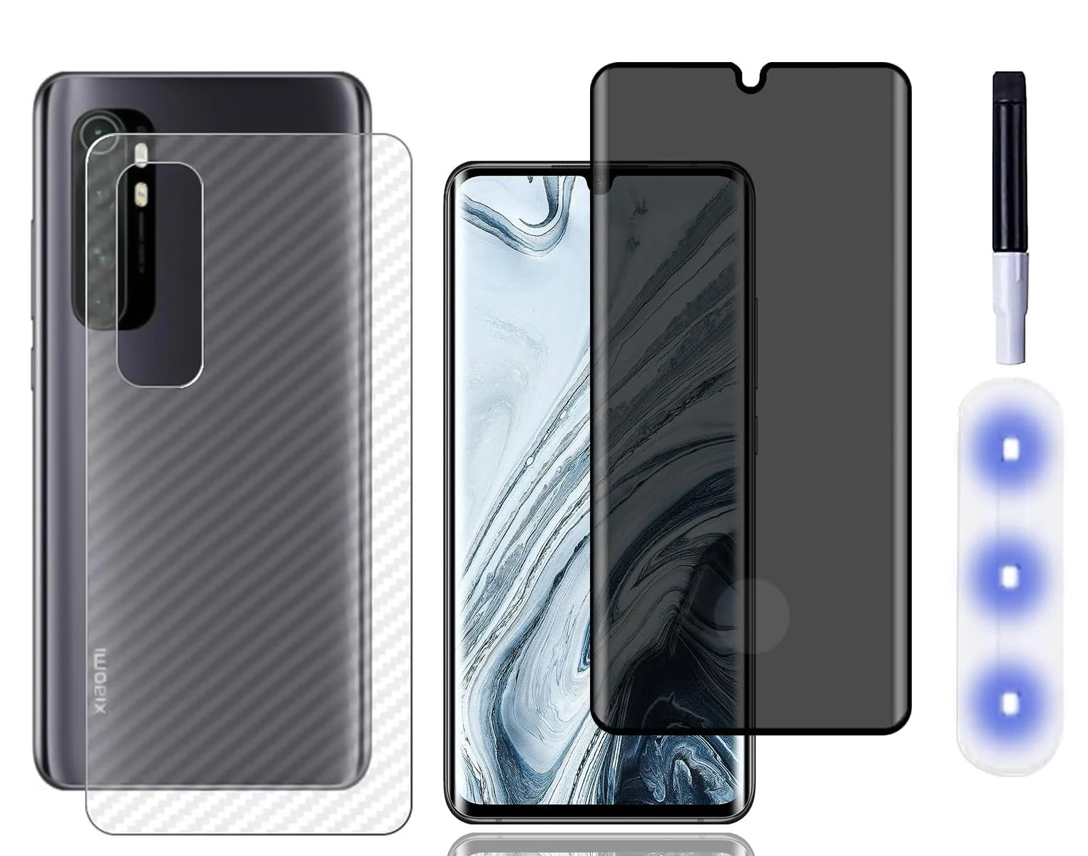 DL3 Mobilak Screen Protector for Xiaomi Mi Note 10 Lite UV Glass Fingerprint Reader Support 3D Curved Anti-Spy Tempered Glass Screen Protector With Back Screen Carbon Fibre - Privacy