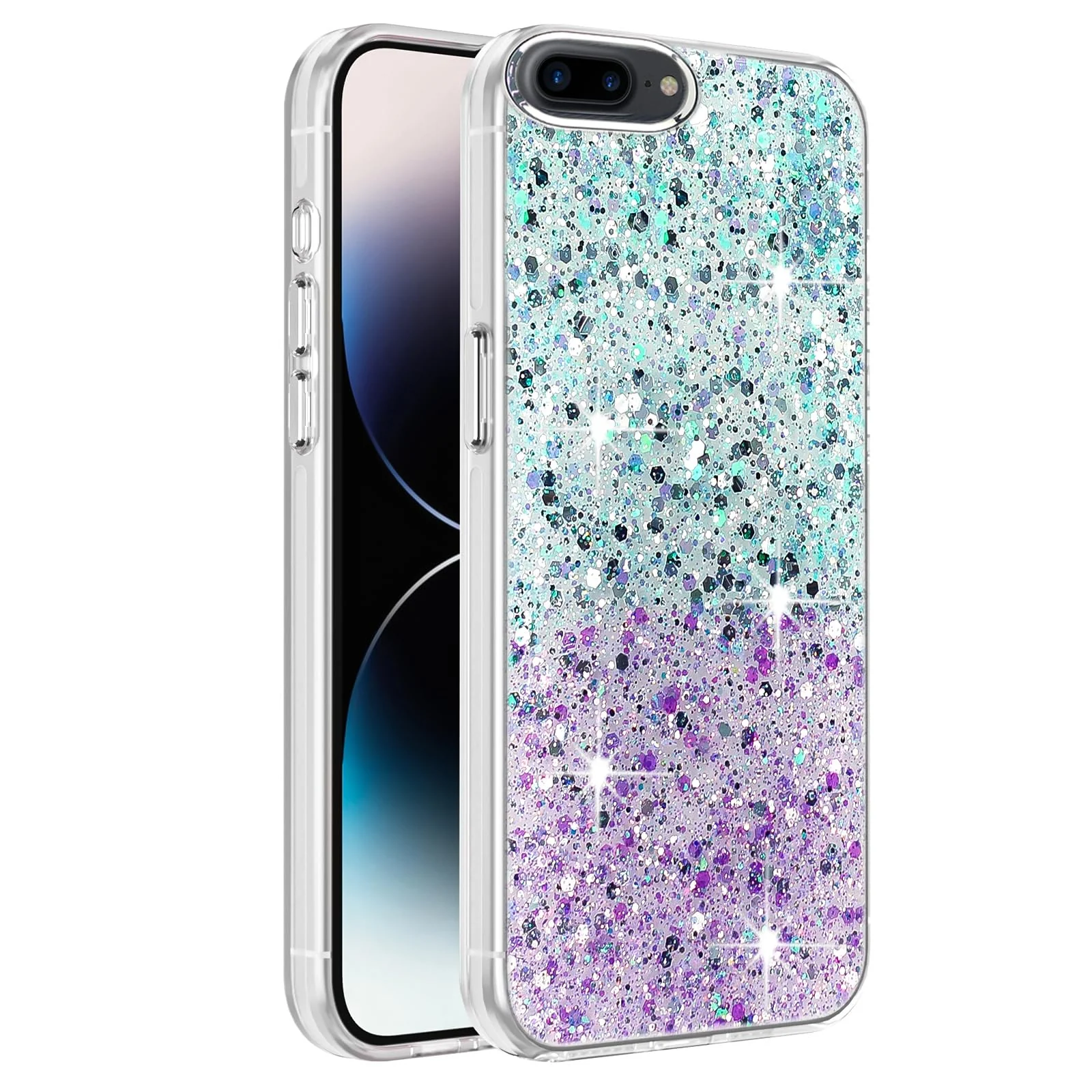 DL3 Mobilak Compatible with iPhone 7 Plus/iPhone 8 Plus Case, Clear Glitter Bling Sparkly, Soft TPU Frame Bumper, Hard-Back Cover for Women & Girls, Transparent Protective Phone Case - Green Purple