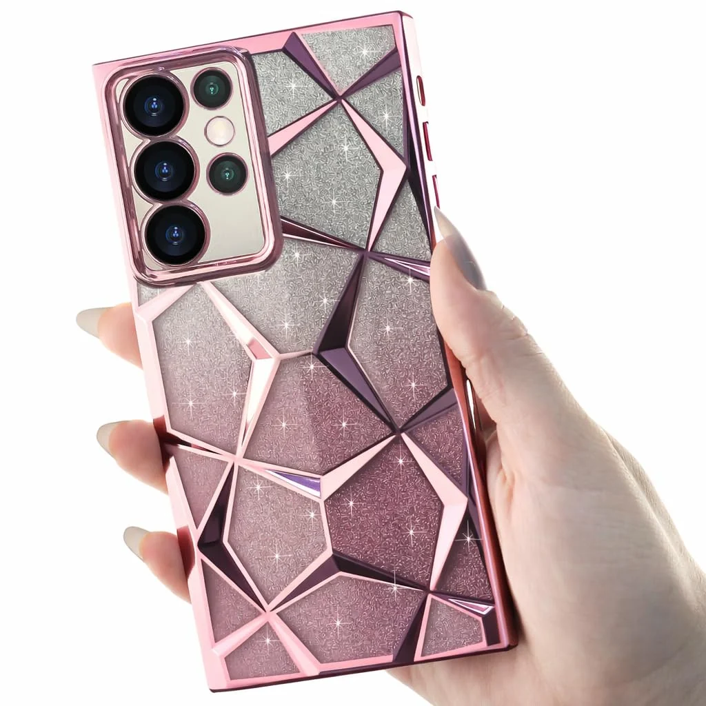 "DL3 Mobilak Compatible with Samsung Galaxy S23 Ultra (6.8"") Case Plating Bling Gradient Glitter Clear Cover Soft TPU Silicone Cute Camera Protection Shockproof Back for Women Girls Case - Pink"
