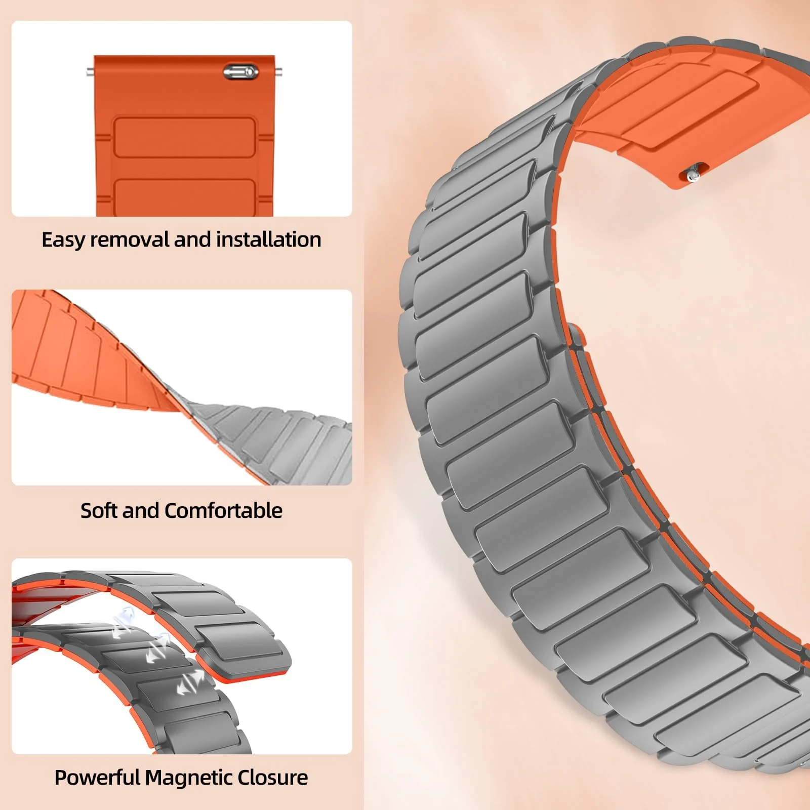 DL3 Mobilak 18mm Silicone Magnetic Strap for Huawei Watch GT 6 41mm/Watch5 42mm/GT 5 Pro 42 mm/GT 5 41mm/GT4 41 mm, Magnetic Replacement Band for Garmin Venu 3S/Fossil Women's Gen 6 - Gray Orange