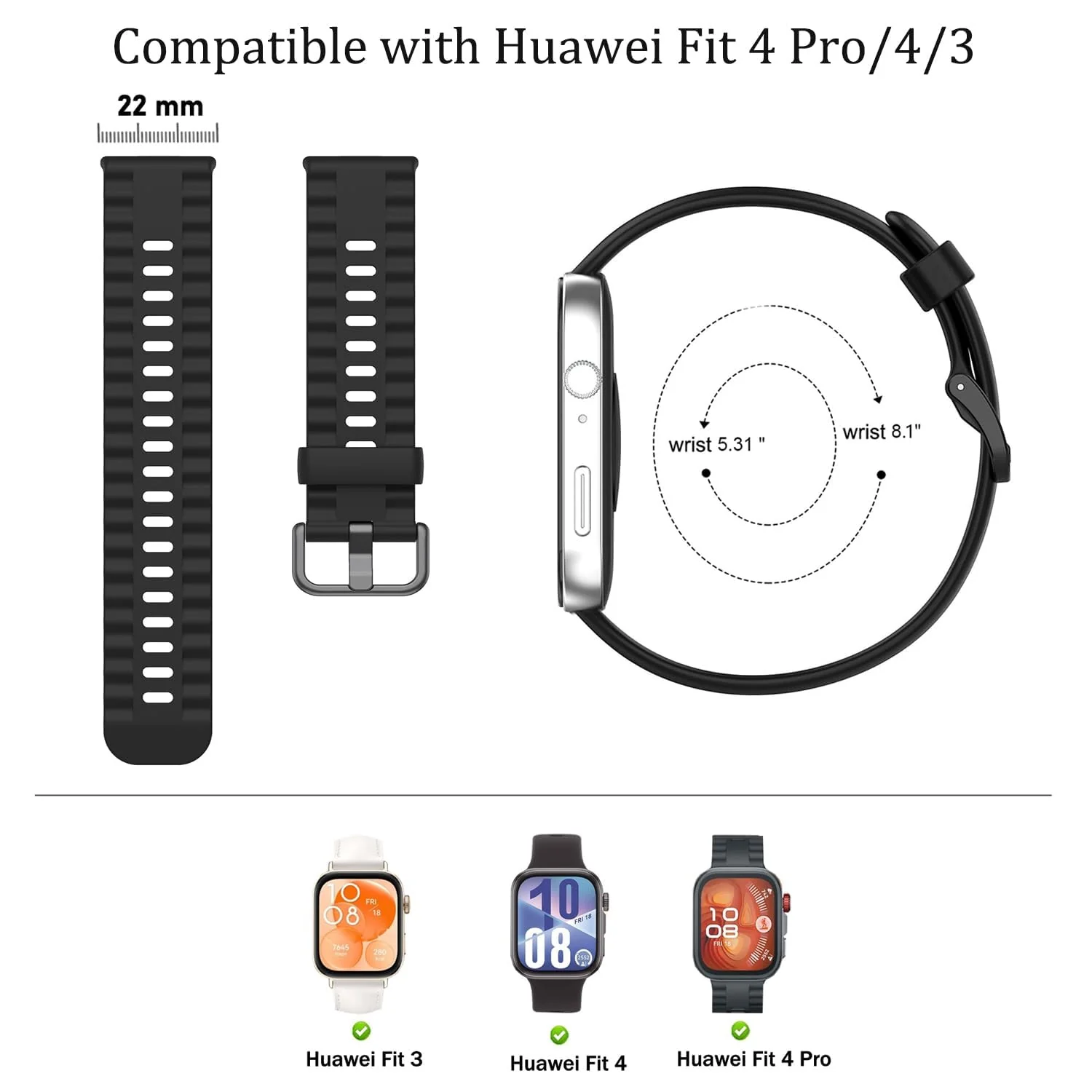 DL3 Mobilak Wavy Texture Sports Wristbands for Huawei Watch Fit 4/Fit 4 Pro/Fit 3 Strap, Breathable Silicone Wristband Strap Watch Strap Bracelet for Huawei Watch Fit 4 Pro/Fit4/3 - Black