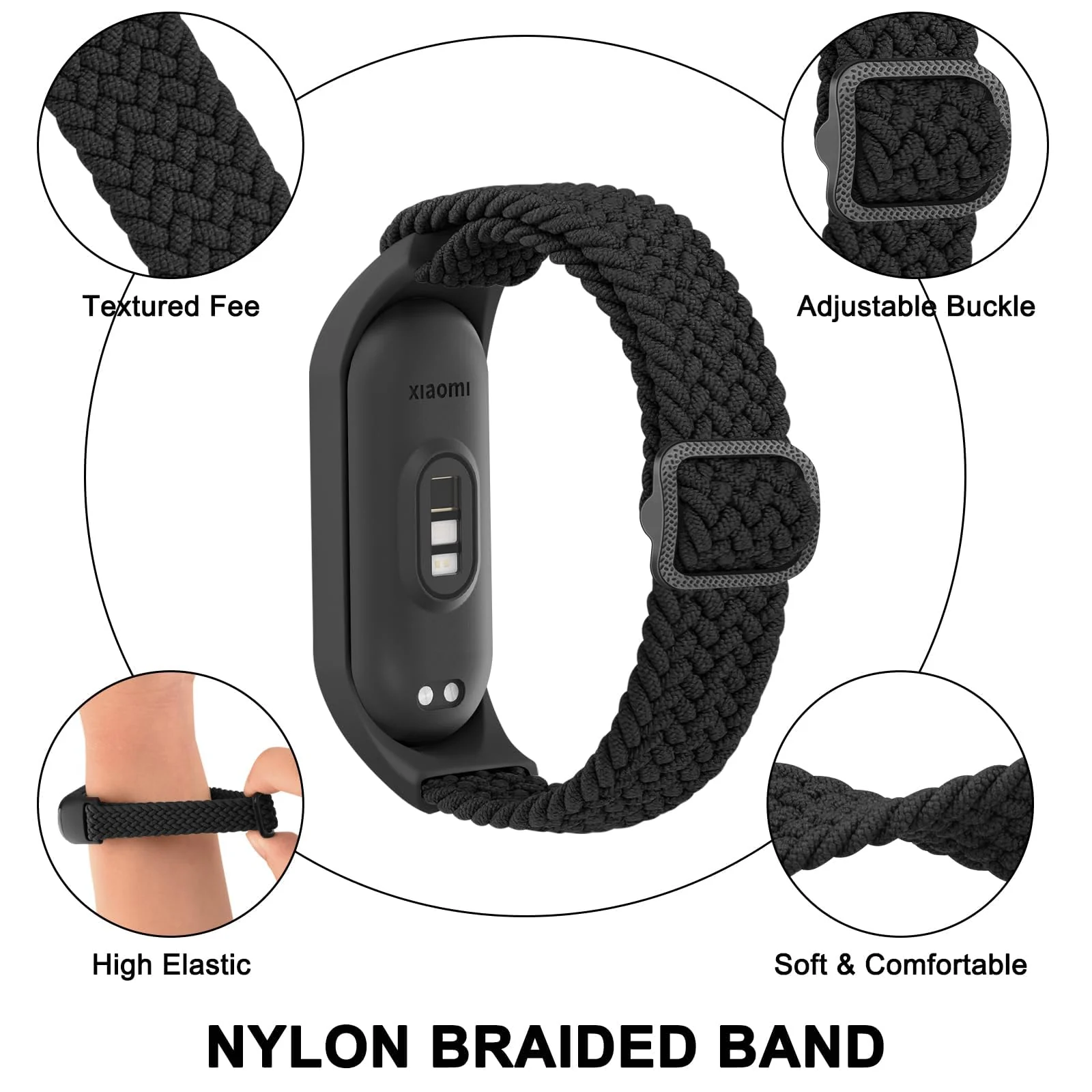 DL3 MOBILAK Nylon Wristband for Xiaomi Mi Band 7/Mi Band 6/Mi Band 5/Mi Band 4/Mi Band 3, Adjustable Braided Elastic Solo Loop for Mi Band 7 6 5 4 3, Sport Strap Smart Watch Accessories - Black