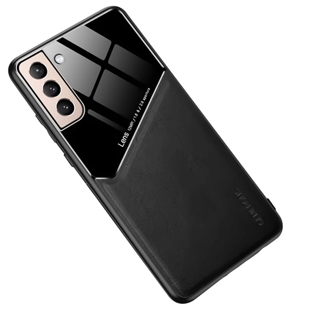 DL3 Mobilak Faux Leather and Plexiglass Protective Case with TPU Frame and Magnetic Car-Mount Support for Samsung Galaxy S21 FE 5G - Black