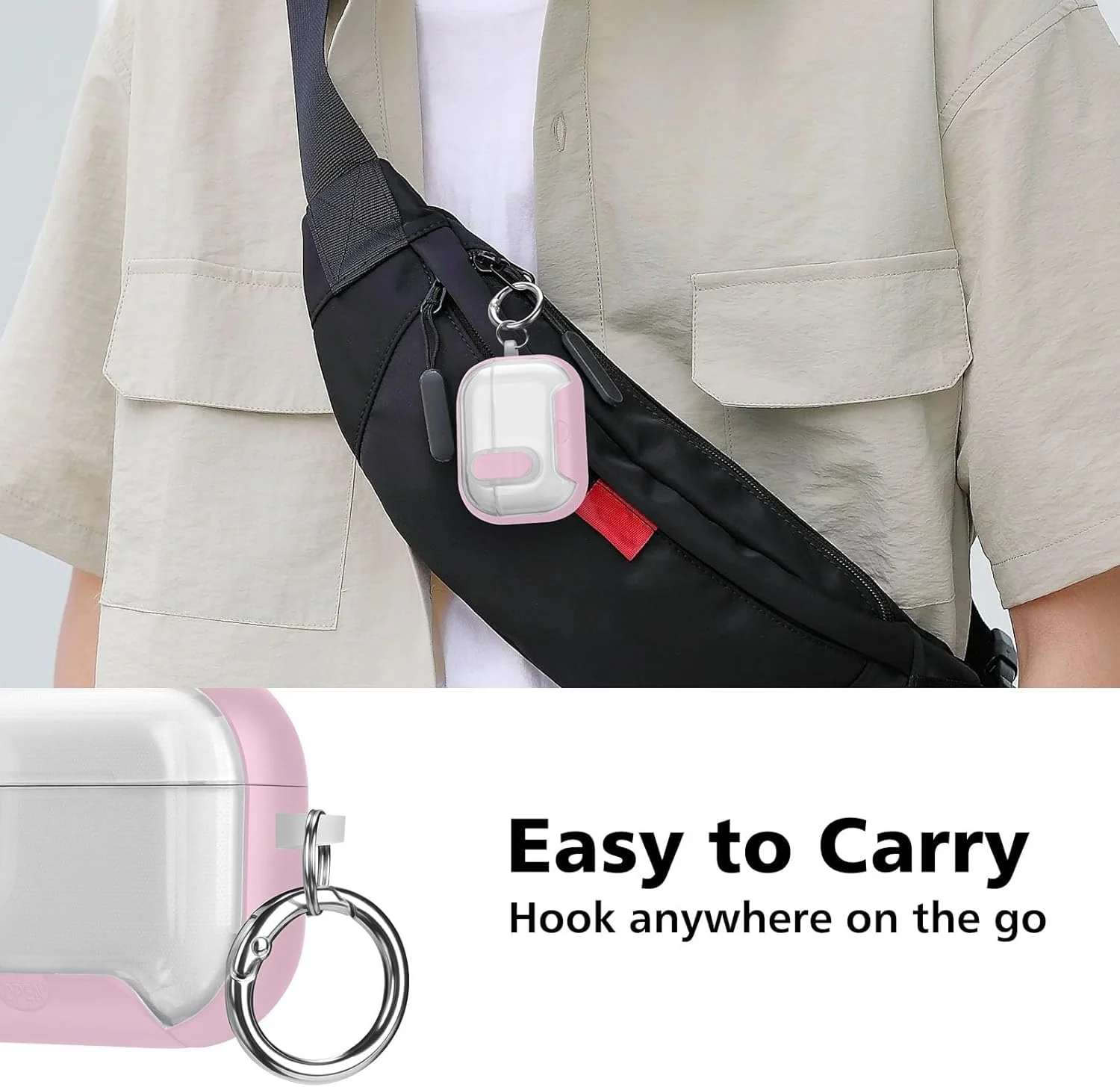 MOBIGON Locking Protective Case with Carabiner for AirPods Pro 1 / 2, Clear / Blue