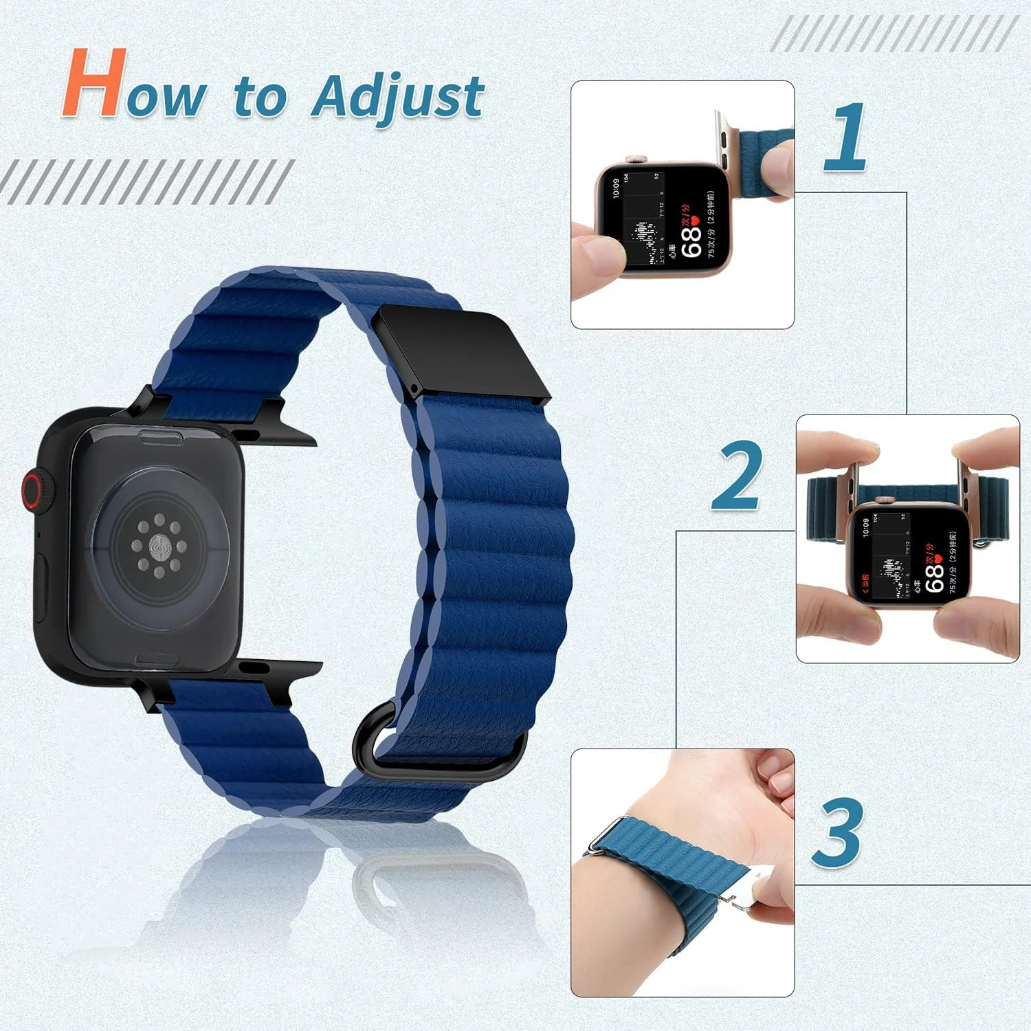 DL3 Mobilak Magnetic Closure System For Apple Watch Ultra Bands 49mm 45mm 44mm 42mm for iWatch Series 8 ultra 7 6 5 4 SE 3 2 Enhanced Adjustable Leather Strap For Men Or Women - Navy Blue