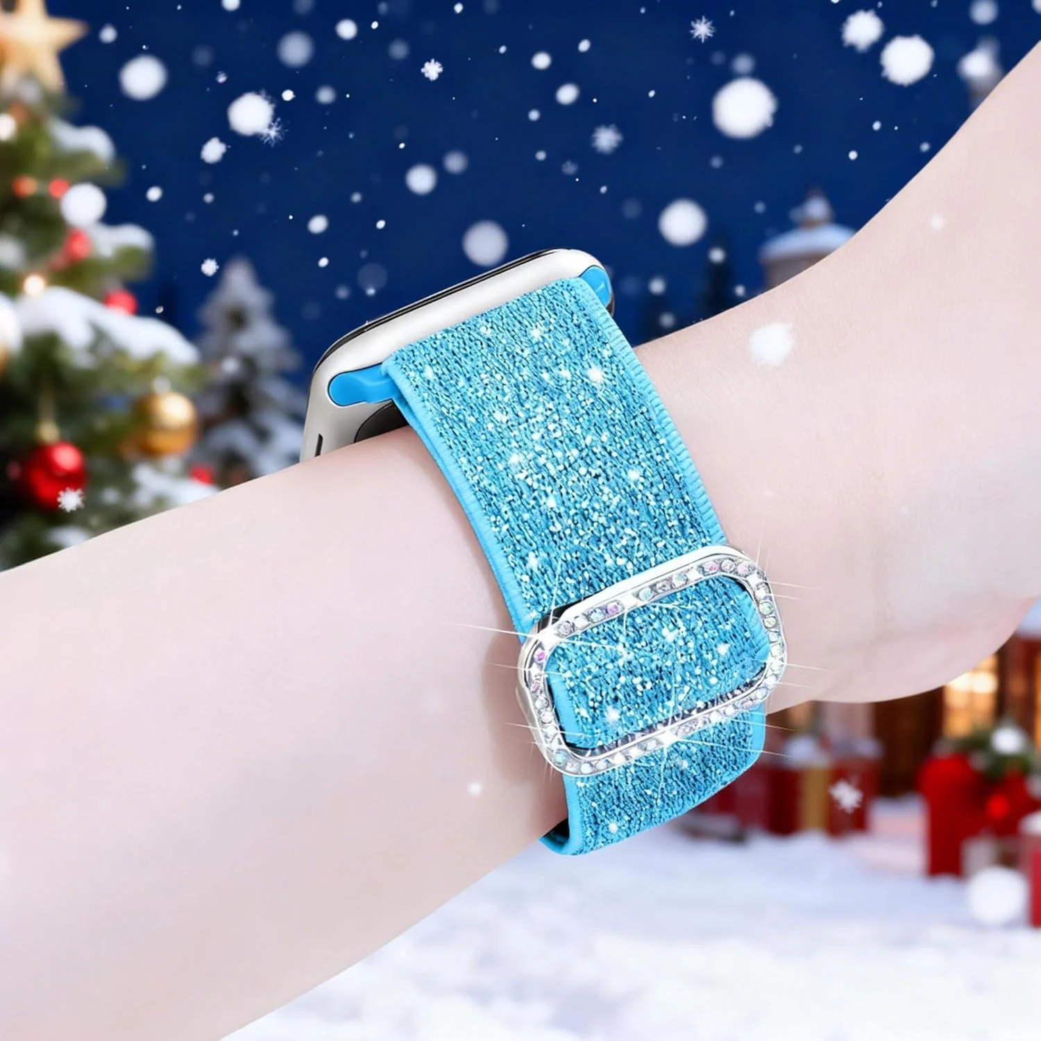 DL3 Mobilak Stretchy Bling Band For Apple Watch 49mm 46mm 45mm 44mm 42mm Women, Nylon Sparkly Strap Solo Loop Glitter Wristband for iWatch Series 11 10 9 8 7 6 5 4 SE3 SE2 SE Ultra 3 2 1 - Sky Blue
