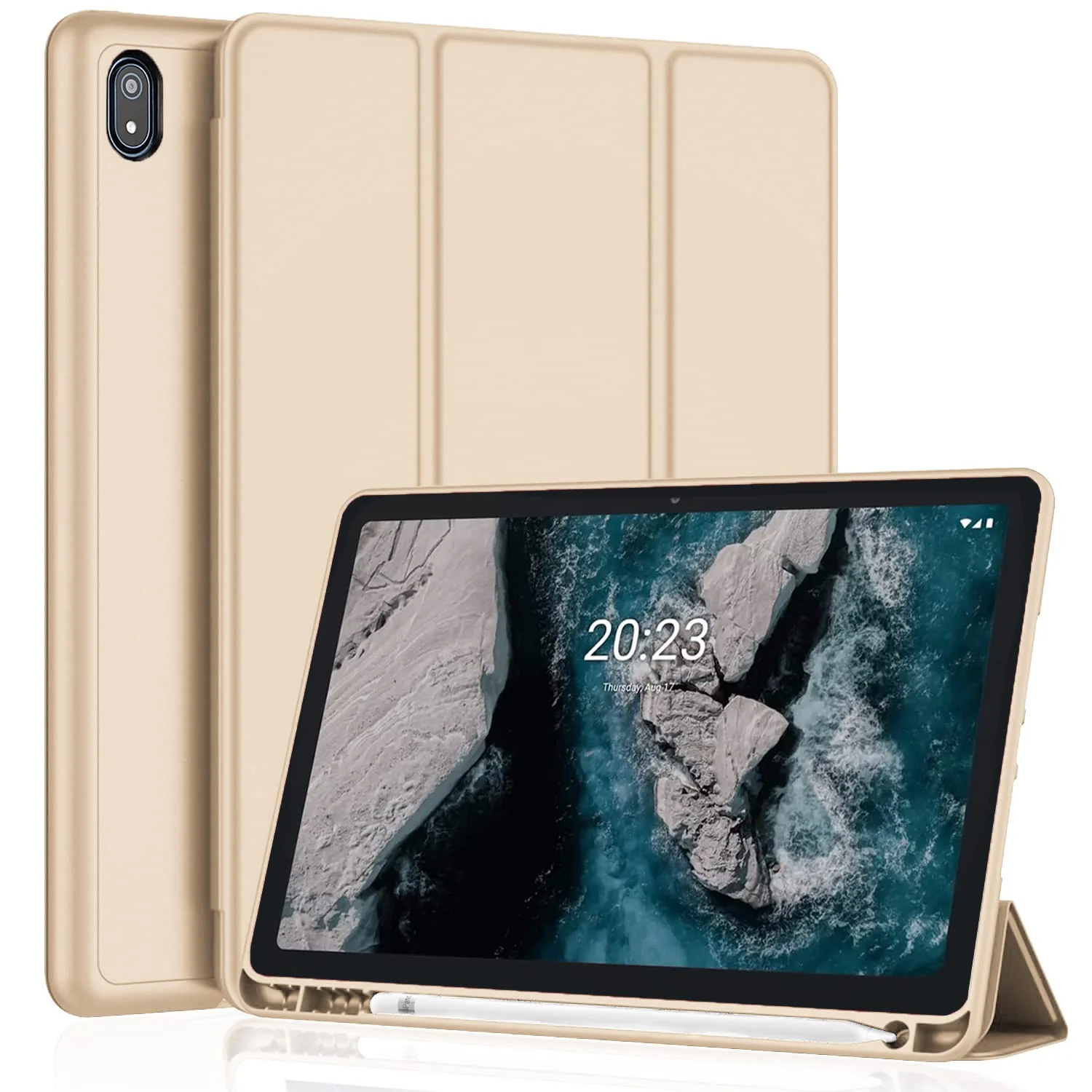 DL3 Mobilak Smart Case for Nokia T20 Tablet with Pencil Holder, Soft TPU Smart Stand Back Cover Auto Wake/Sleep Feature - Gold