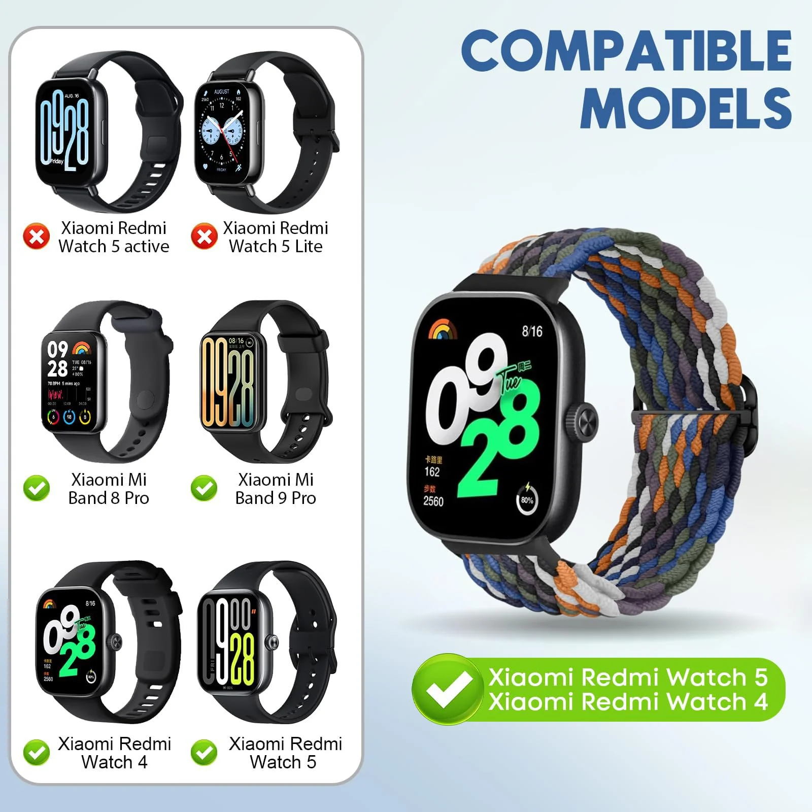 DL3 Mobilak Braided Band For Redmi 4/5 / 6 / Xiaomi Smart Band 8 Pro/Band 9 Pro for Women Men, Adjustable Braided Bands Straps Elastics Sport Wristband Nylon Strap - Denim Colorful