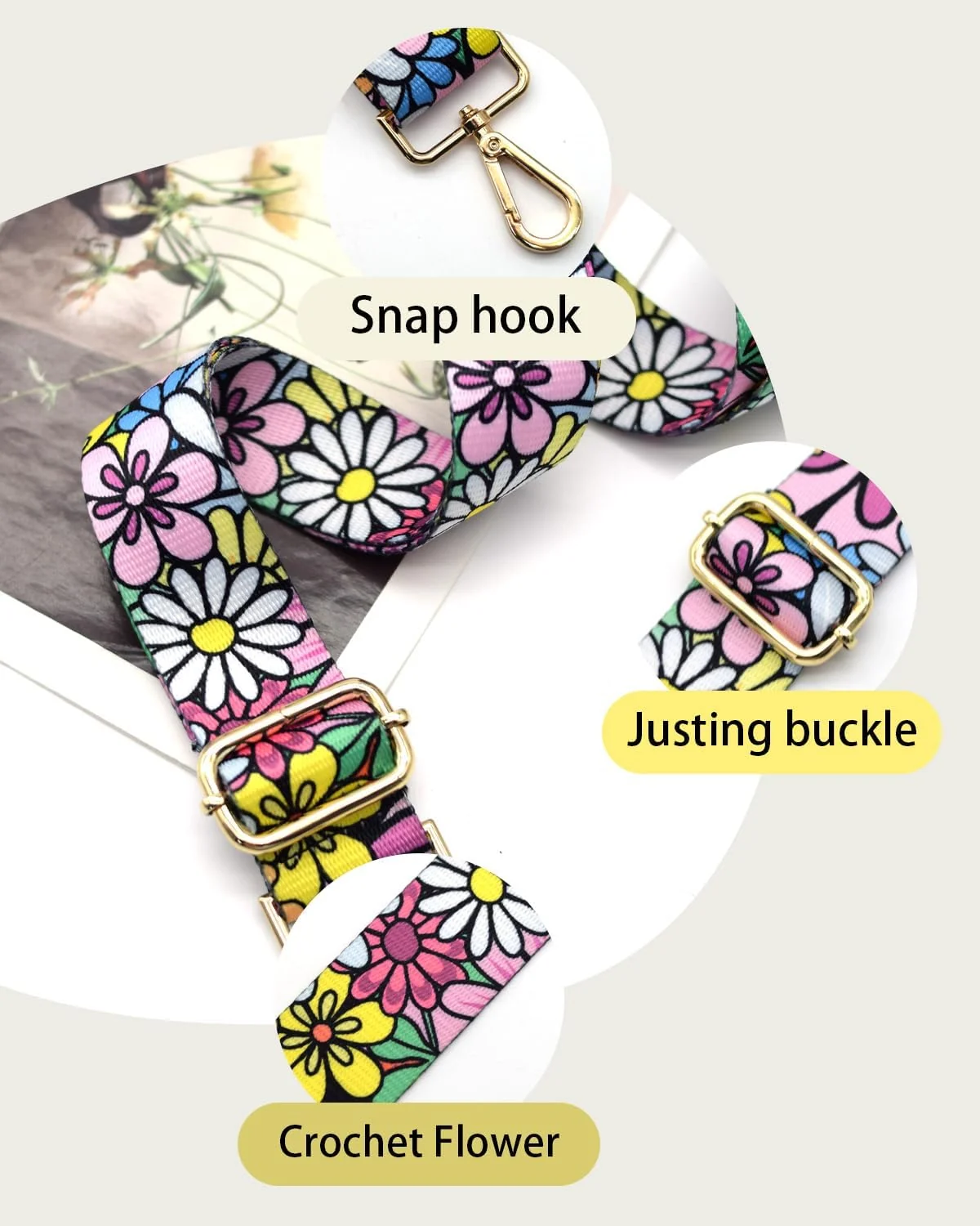 DL3 Mobilak Adjustable Wide Crossbody Bag Strap for Women, Replacement Shoulder Strap for Handbags, Totes & Purses with Elegant Embroidered Pattern and Metal Hooks - Daisy