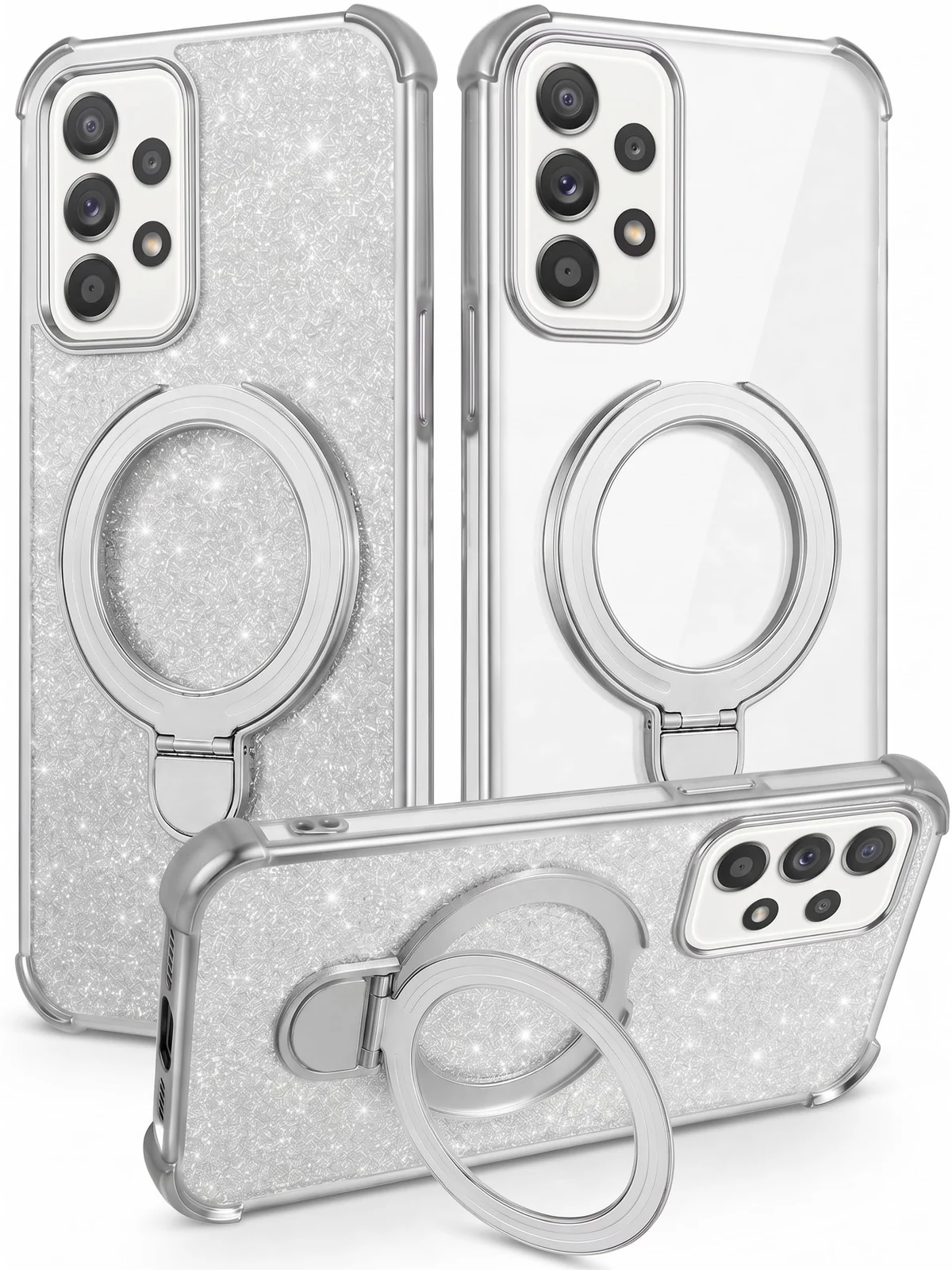MOBIGON Glitter Phone Case with Magnetic Ring Stand for Samsung Galaxy A52 / A52s, Silver
