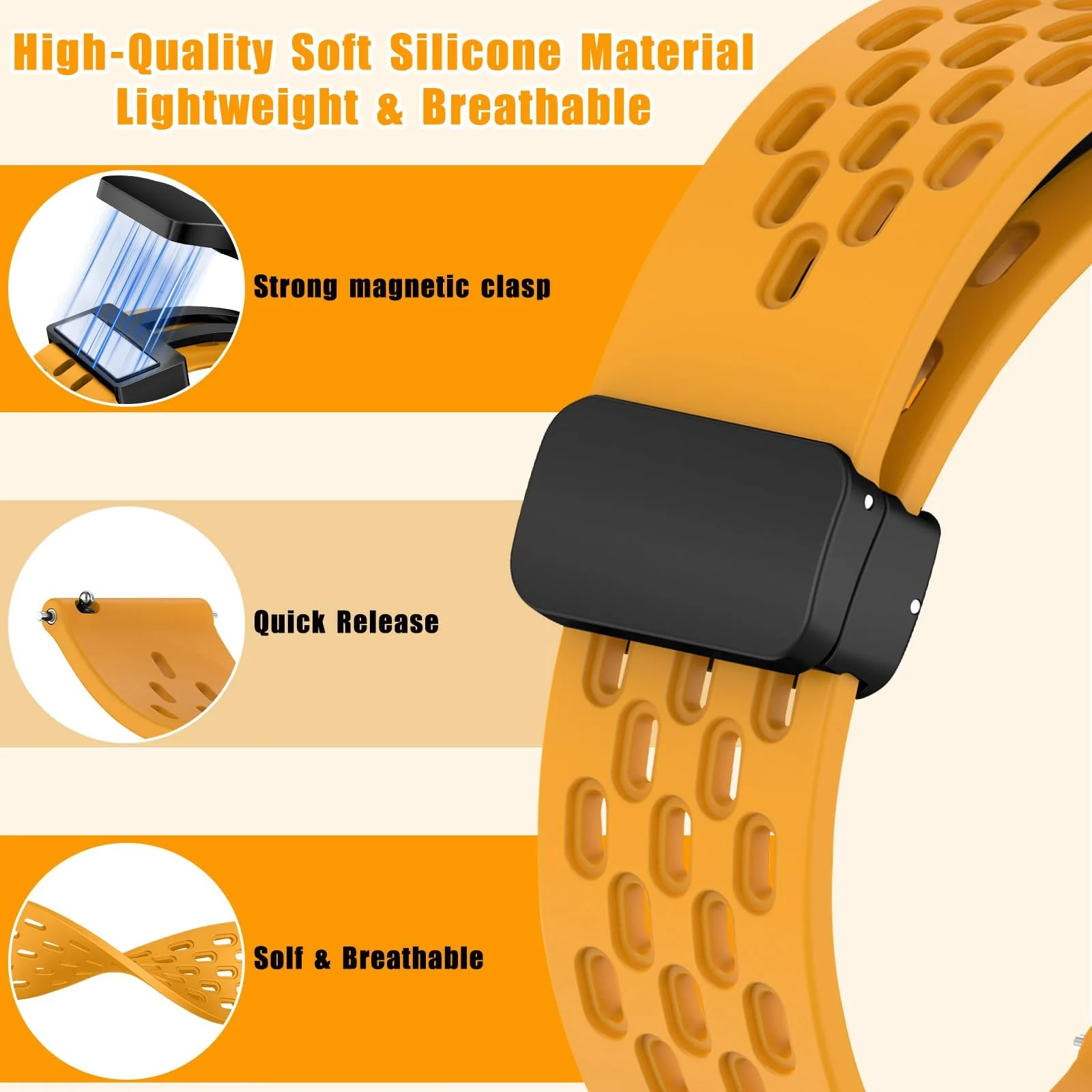 DL3 Mobilak 18mm Silicone Strap For Huawei Watch GT 6 41mm/GT 5 Pro 42 mm/GT 5 41mm/GT4 41 mm/Watch 5 42mm Magnetic Metal Buckle Sport Silicone Breathable Strap, Band Soft Replacment Wristband - Orange