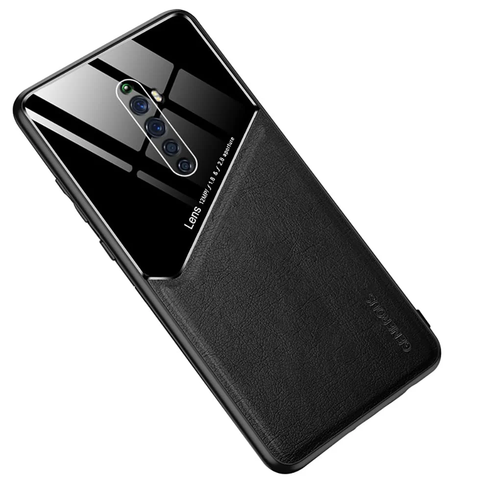 DL3 Mobilak Leather and PC Protective Case for OPPO Reno 2, Built-in magnetic car-mount support, Shock-absorbing protection, Raised edges around the screen and camera - Black