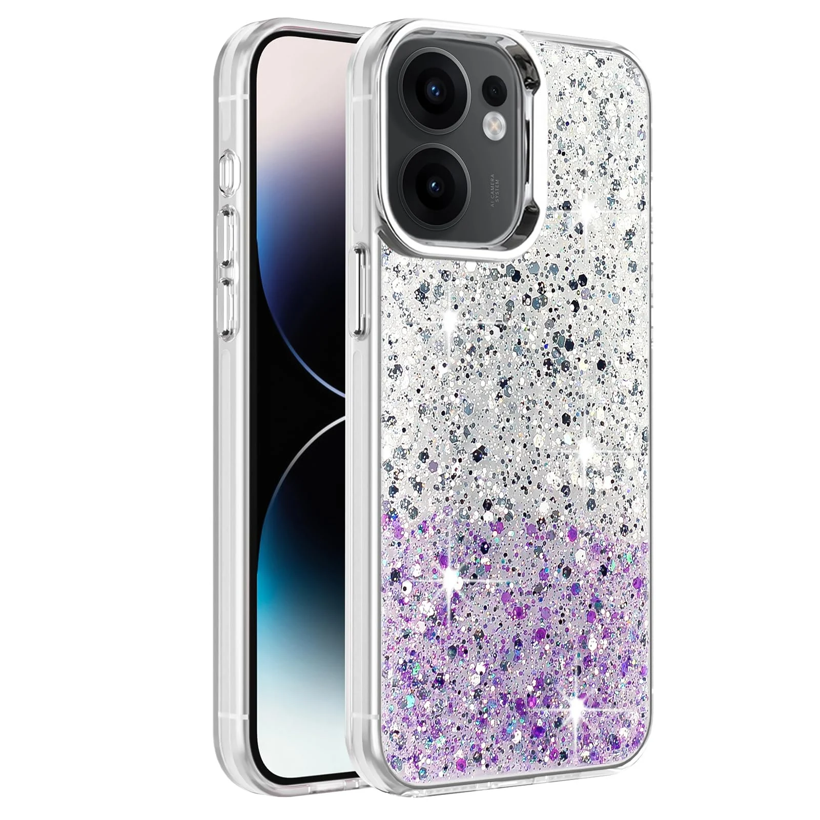 DL3 Mobilak Glitter Protective Case for OPPO Reno13 F / Reno 13F, Supports wireless charging, Camera protection, Shock-absorbing protection - White Purple
