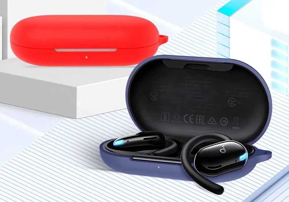 DL3 Mobilak Compatible with Anker SoundCore V20i Case Cover, Soft Silicone Shockproof Protective Case Wireless Earbuds with Carabiner, Front LED Visible - Red