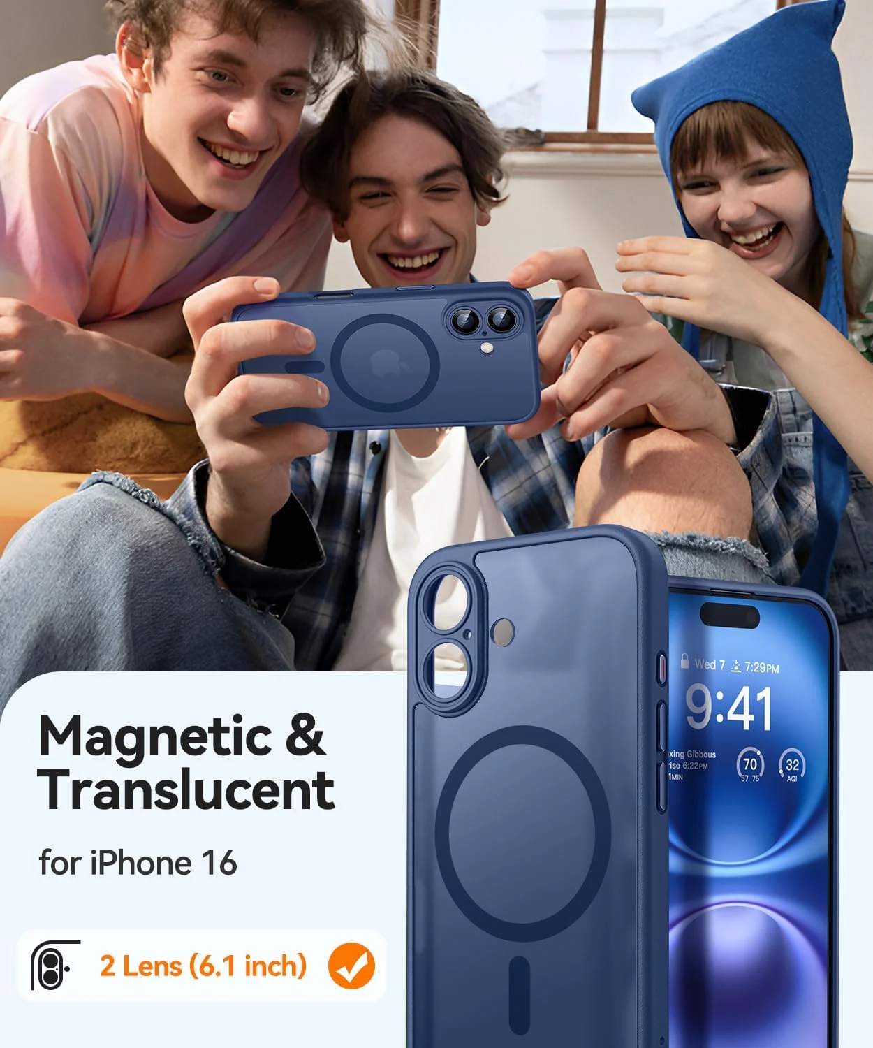 DL3 Mobilak Matte MagSafe-Compatible Magnetic Case for iPhone 16 with Camera Protection and Magnetic Car-Mount Support - Blue