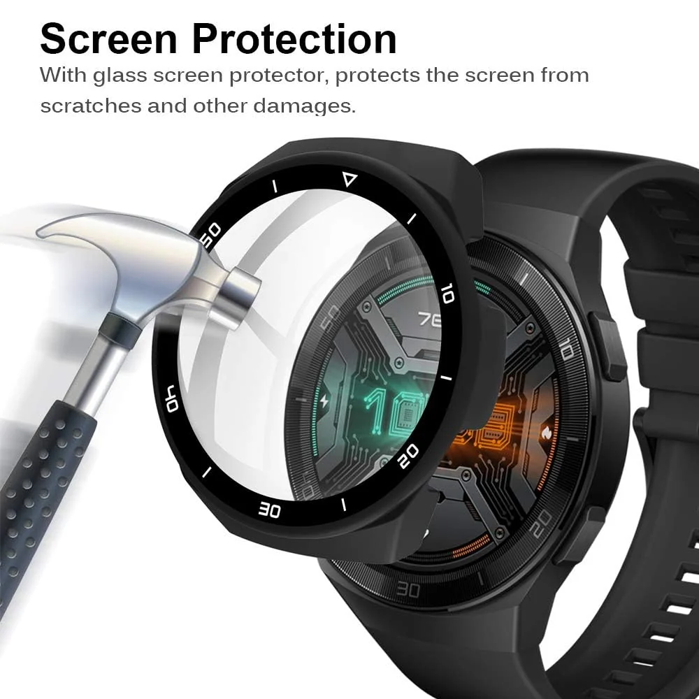 DL3 MOBILAK Full-Coverage Watch Case with Tempered Glass for Huawei Watch GT 2e, Black