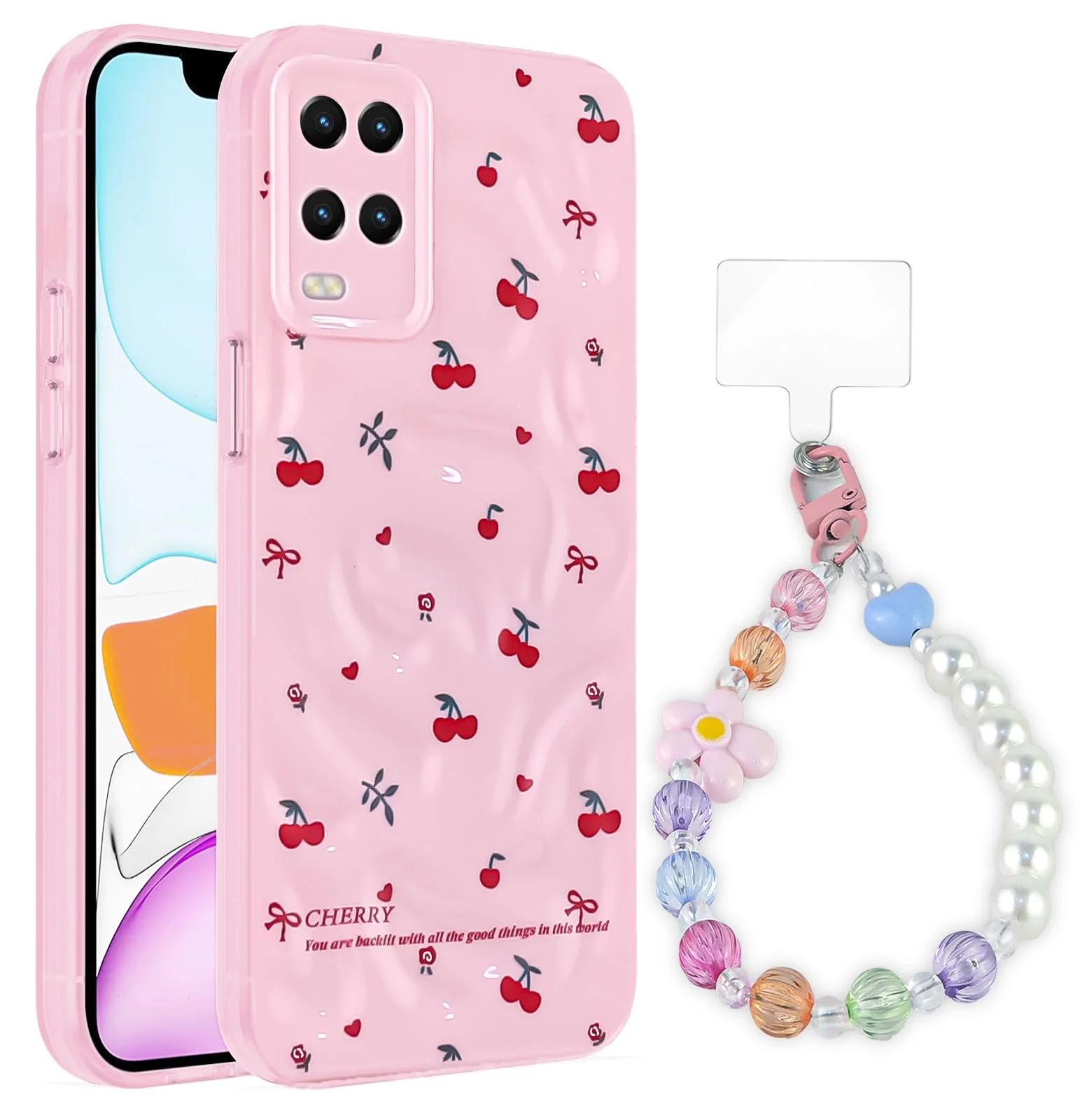 Dl3 Mobilak Case Compatible with OPPO A54 4G, Cute Printed Soft TPU Phone Cover with Beaded Wrist Strap, Shockproof Camera Protection, Slim Protective Case for Women & Girls - Style 1