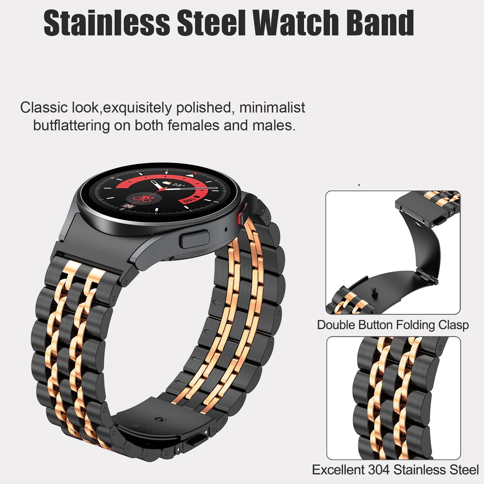 DL3 Mobilak Metal Band 20MM Strap for Samsung Gear Sport, Watch 4/5/5 Pro, S2 Classic, Active 2 40mm 44mm, Amazfit GTS 3/4/4 Mini, Bip 3/Pro/U, GTS 2 Mini/2e - Black & Rose Gold