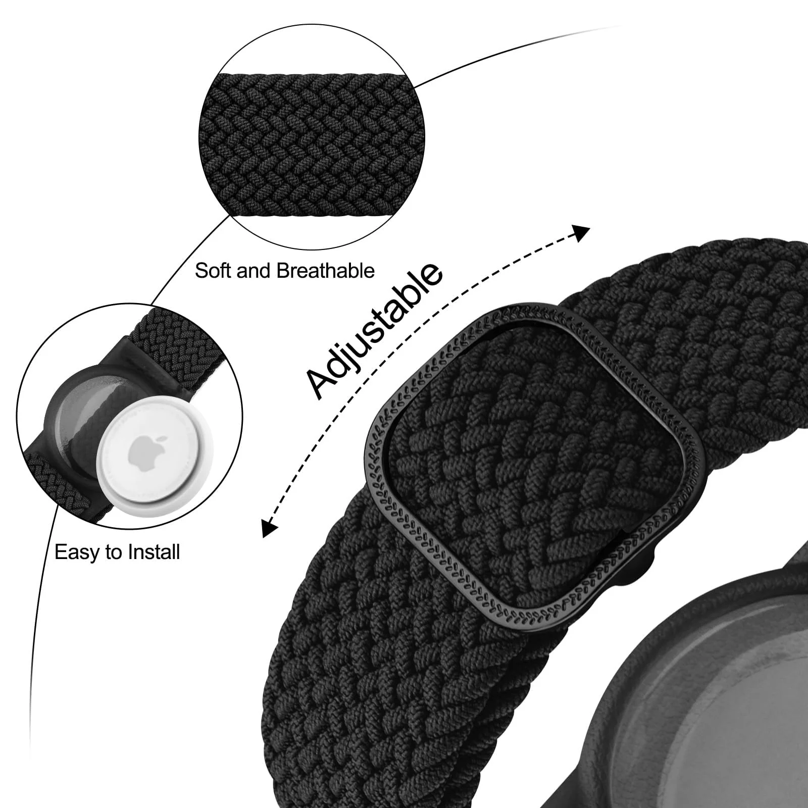 DL3 Mobilak Bracelet for Kids Compatible with AirTag, Nylon Stretch Braided Air Tag Wristband, Protective Case for Airtag GPS Tracker Holder, Adjustable Elastic Watch Strap for Toddler Child Elde - Black