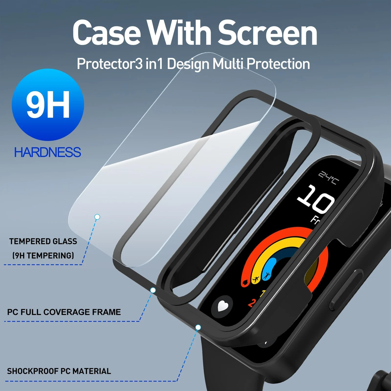 DL3 Mobilak Case with Screen Protector for Huawei Band 10, Bumper Full Coverage Hard PC Overall Protective Cover, Built-in Tempered Glass Film High Sensitivity For Huawei Band 10 - Black