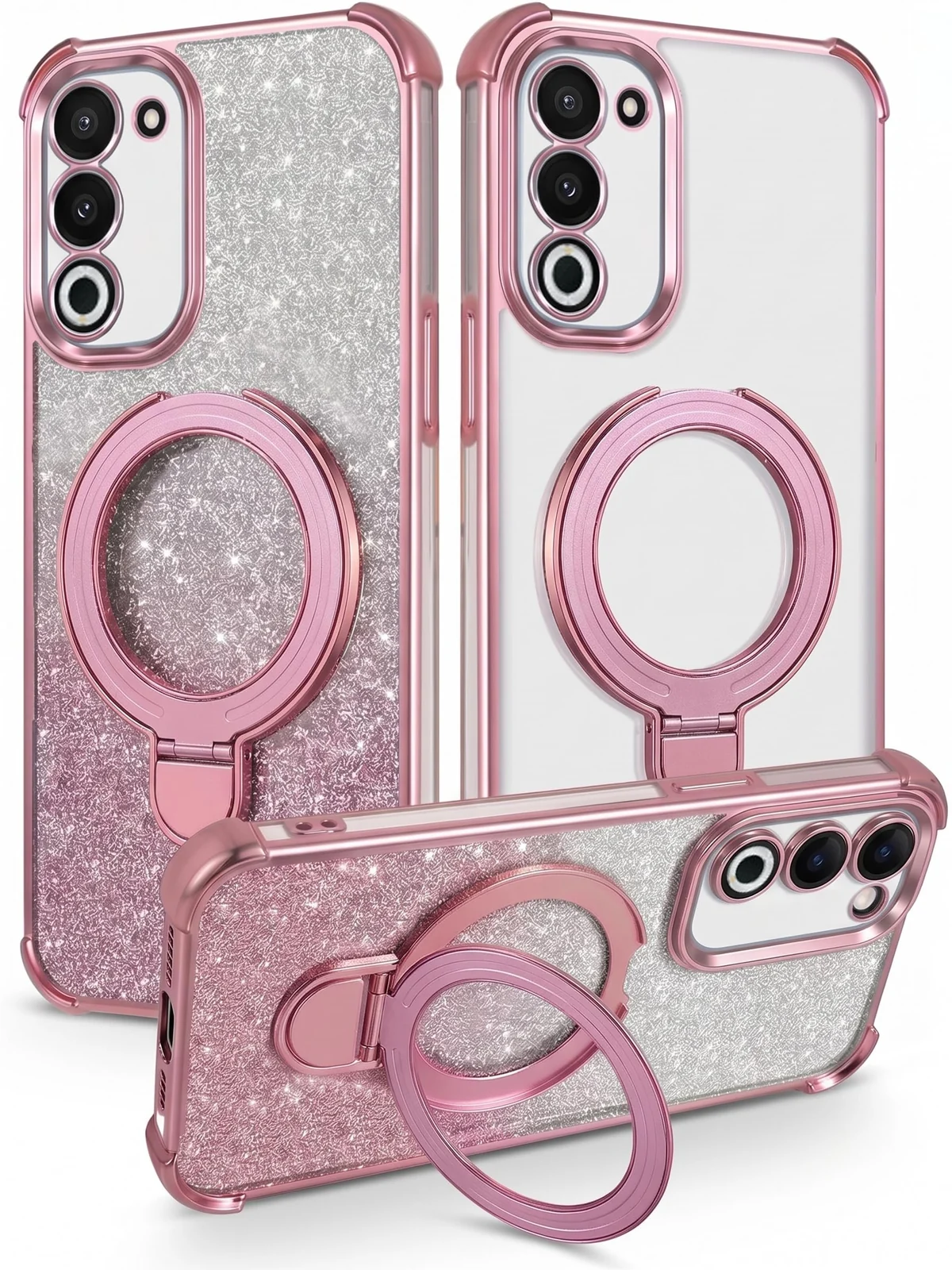MOBIGON Glitter Phone Case with Magnetic Ring Stand for OPPO A5 4G, Pink