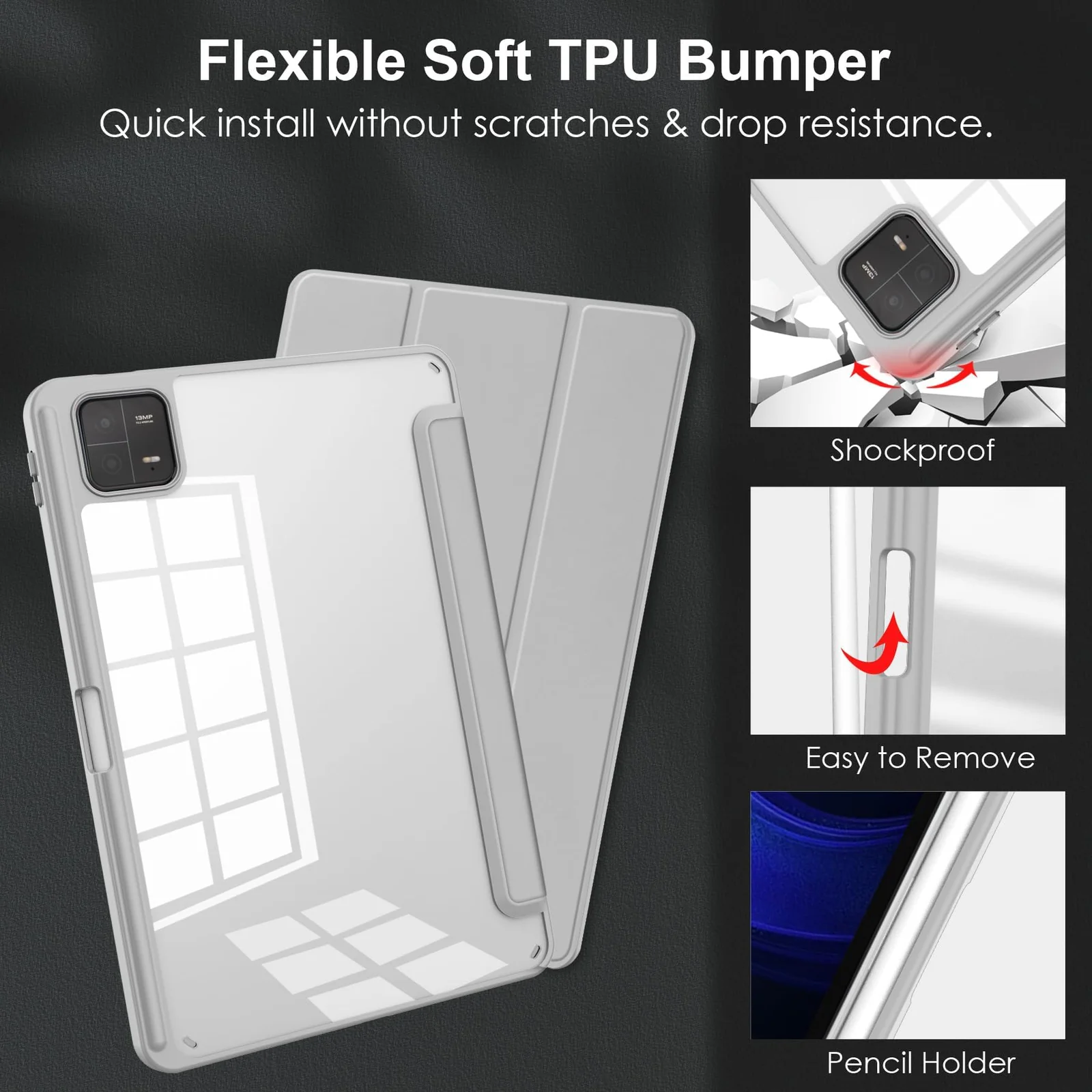DL3 Mobilak Case for Xiaomi Pad 7 / Xiaomi Pad 7 Pro 2024 11.2 inch, Clear Shockproof Back Cover Built-in Pencil Holder, Auto Sleep/Wake - Gray