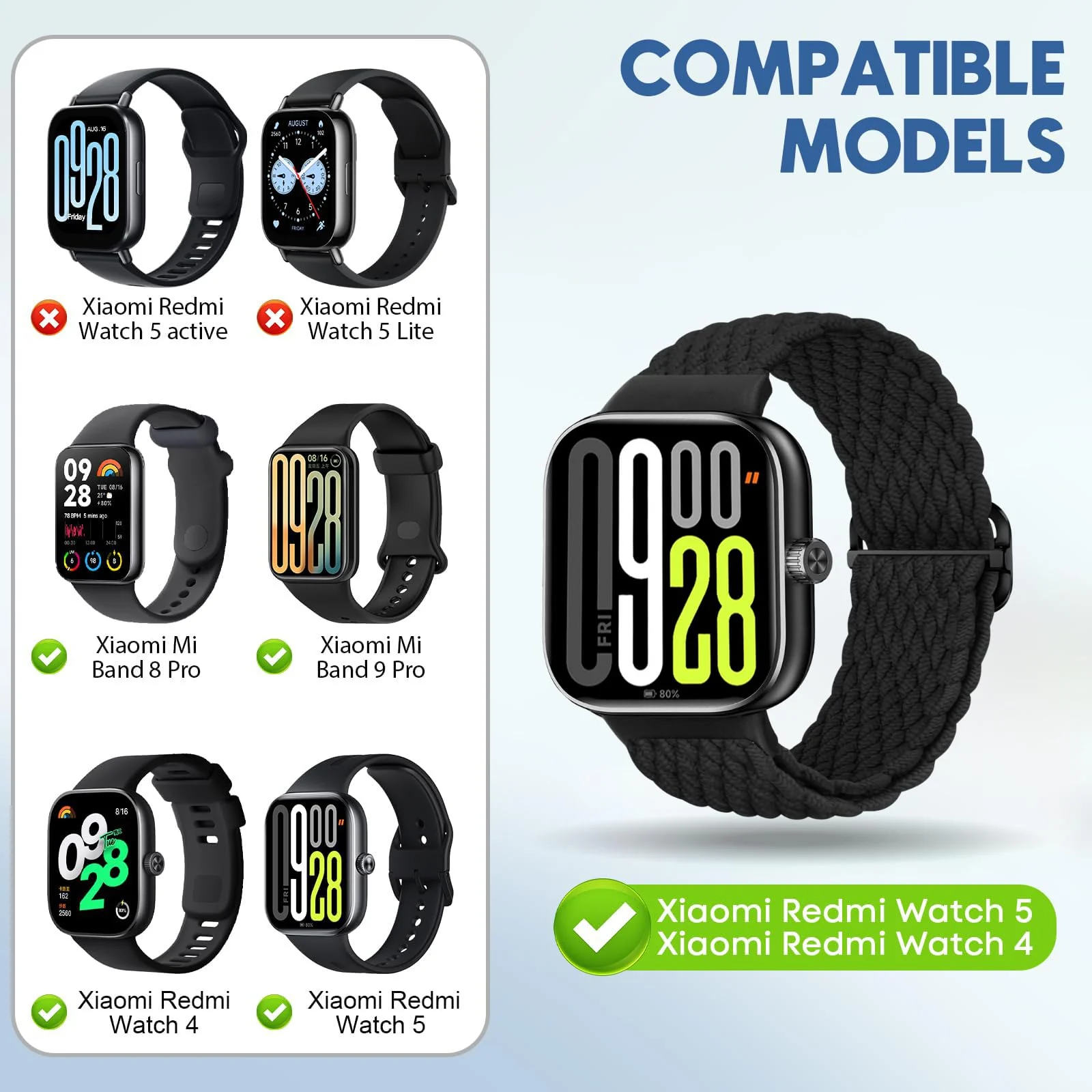 DL3 Mobilak Braided Band For Redmi 4/5 / 6 / Xiaomi Smart Band 8 Pro/Band 9 Pro for Women Men, Adjustable Braided Bands Straps Elastics Sport Wristband Nylon Strap - Black