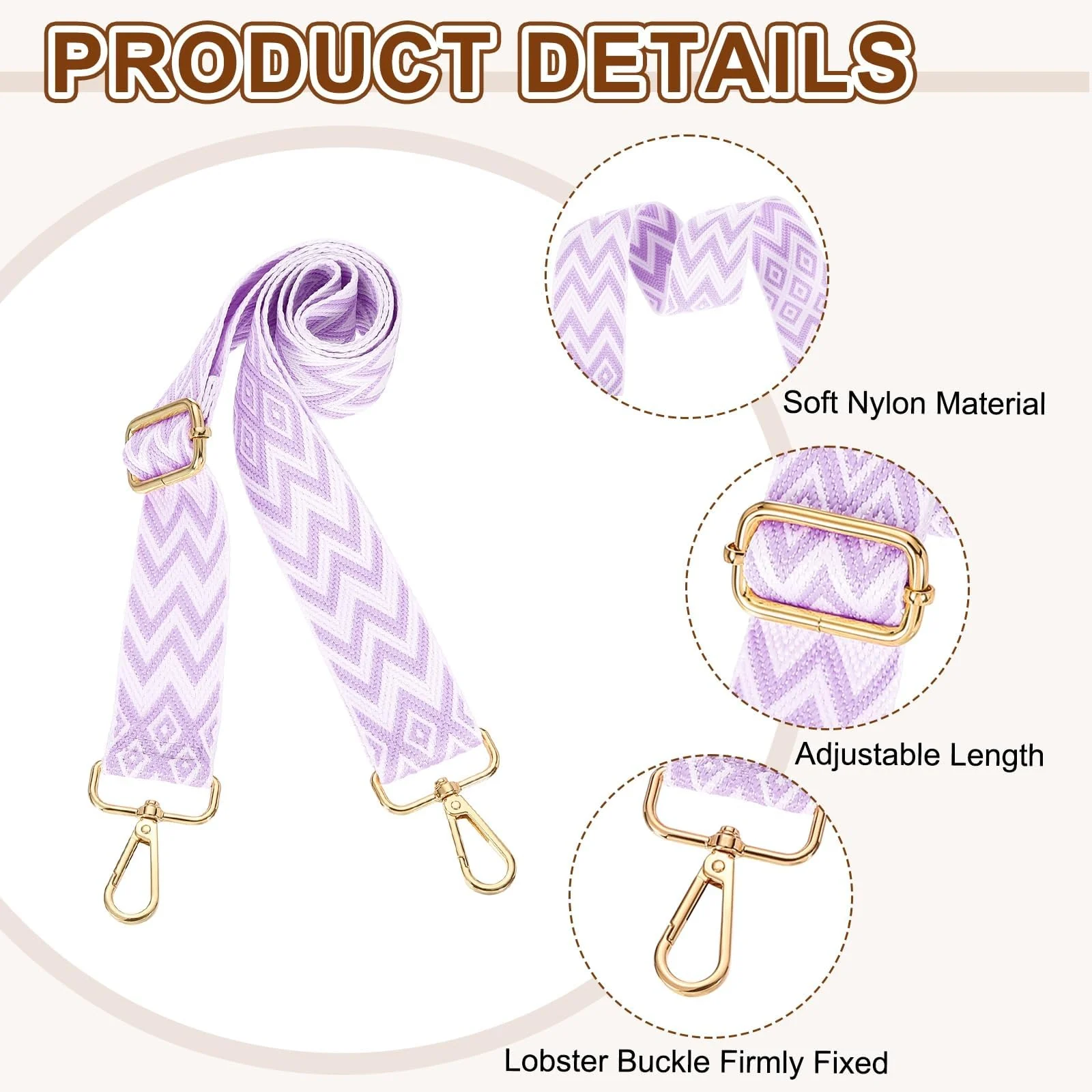 DL3 Mobilak Adjustable Wide Crossbody Bag Strap for Women, Replacement Shoulder Strap for Handbags, Totes & Purses with Elegant Embroidered Pattern and Metal Hooks - White Purple