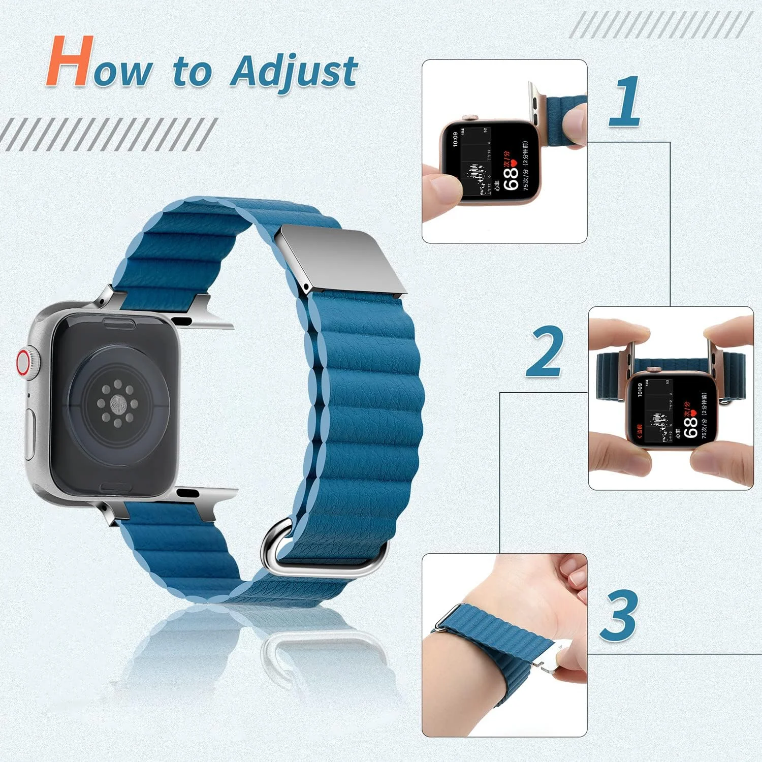 DL3 Mobilak Magnetic Closure System For Apple Watch Ultra Bands 49mm 45mm 44mm 42mm for iWatch Series 8 ultra 7 6 5 4 SE 3 2 Enhanced Adjustable Leather Strap For Men Or Women - Sky Blue