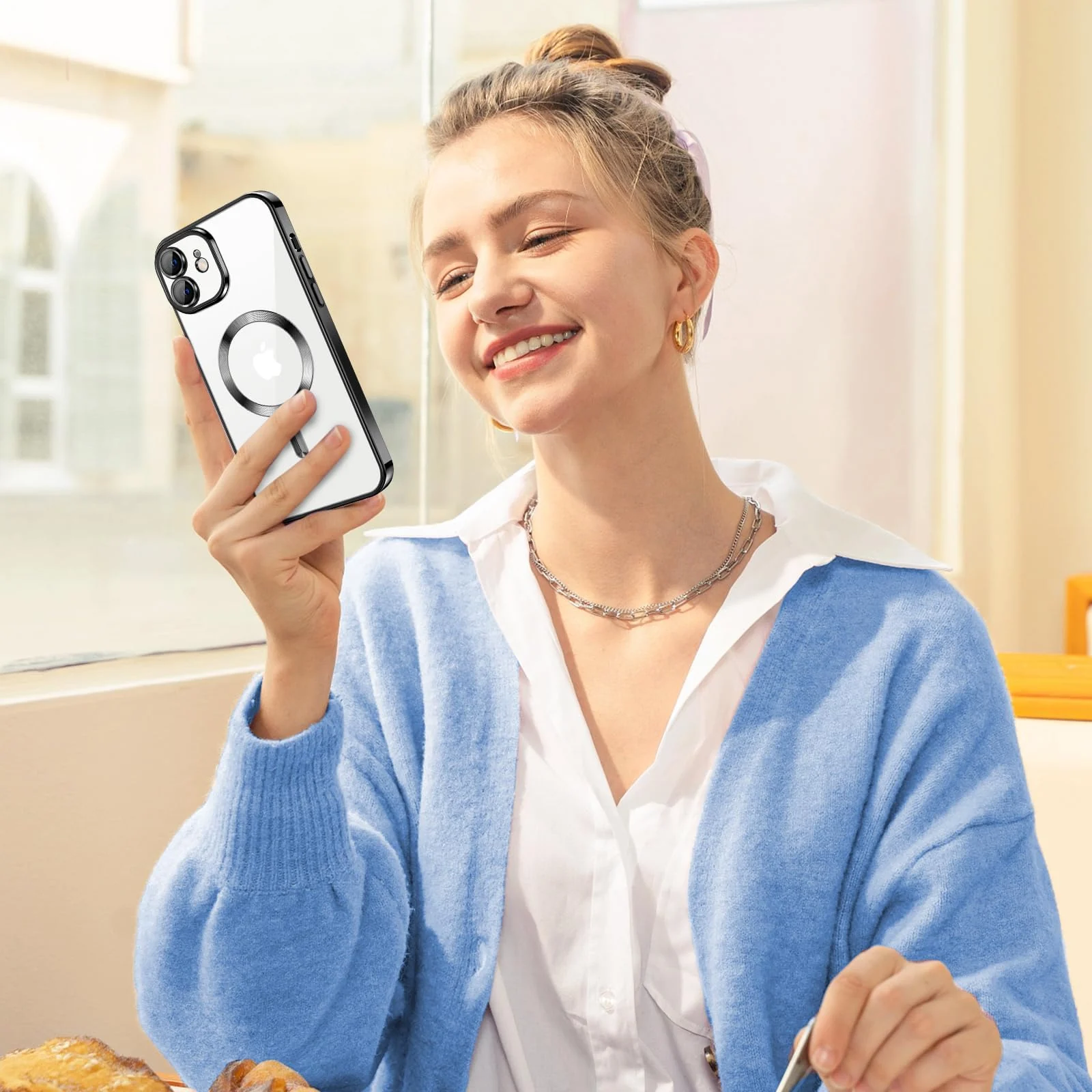 DL3 Mobilak Clear TPU Card Holder Case for iPhone 12 with Camera Protection and Magnetic Car-Mount Support - Black