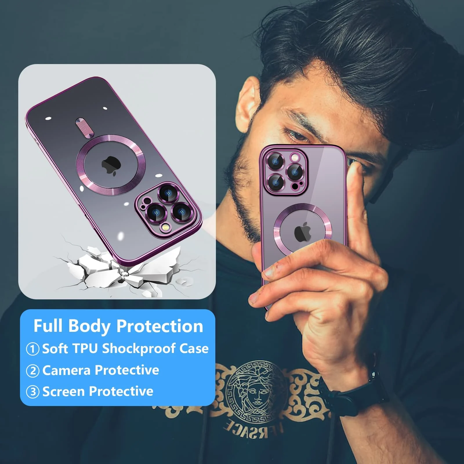 DL3 Mobilak Clear MagSafe-Compatible TPU Case and Camera Lens Protector for iPhone 13 Pro Max - Deep Purple