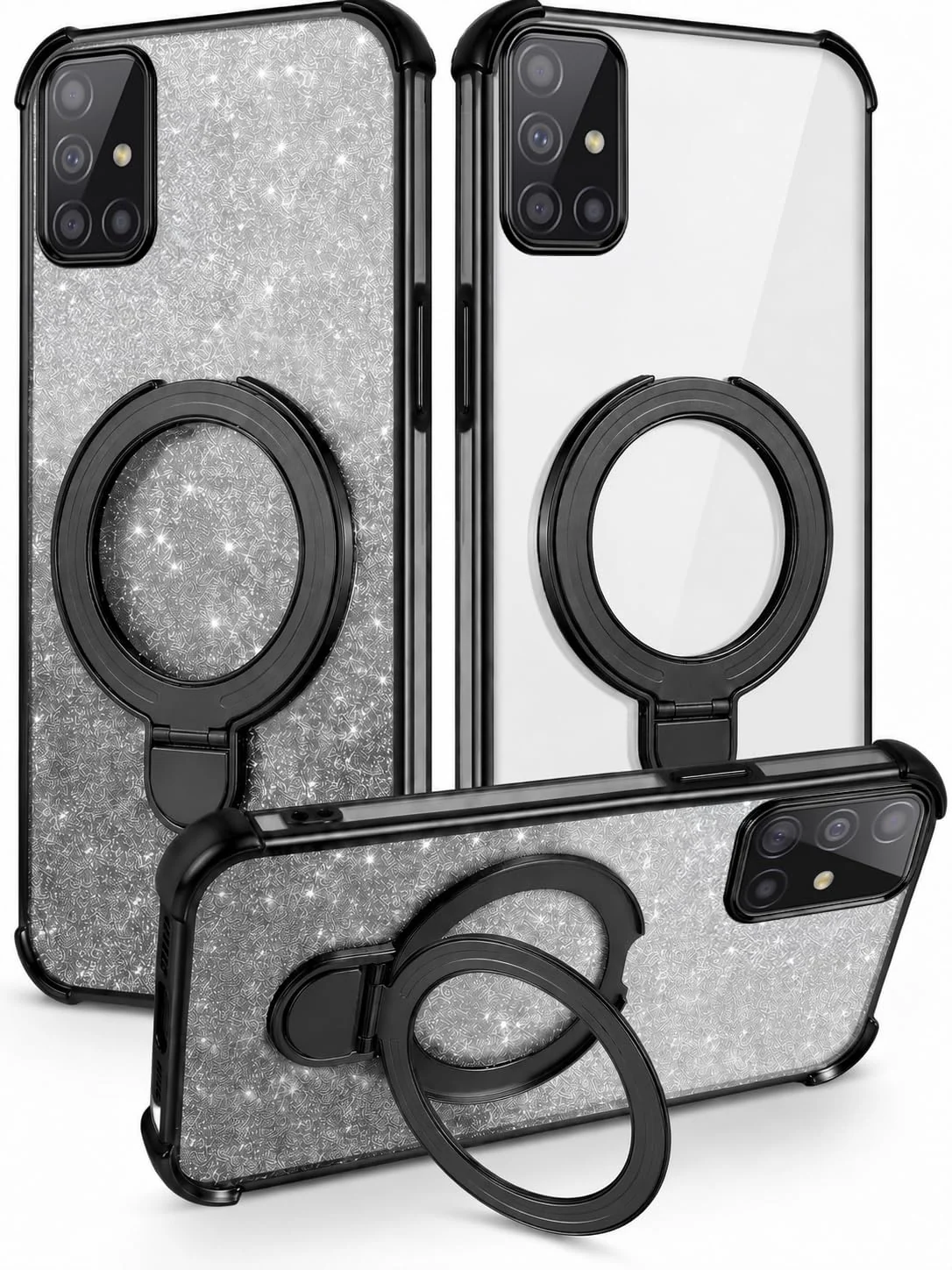 MOBIGON Glitter Phone Case with Magnetic Ring Stand for Samsung Galaxy A71, Black
