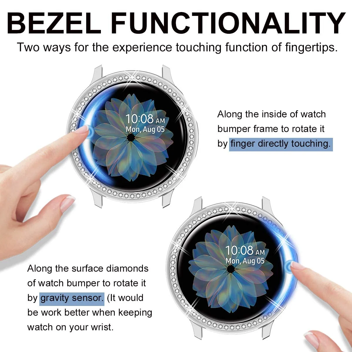 DL3 Mobilak Bumper Diamond Case Compatible with Samsung Galaxy Watch Active 2 44mm, Bling Crystal Diamonds PC Plastic Protector Case Cover Frame For Galaxy Watch Active2 44 mm - Silver