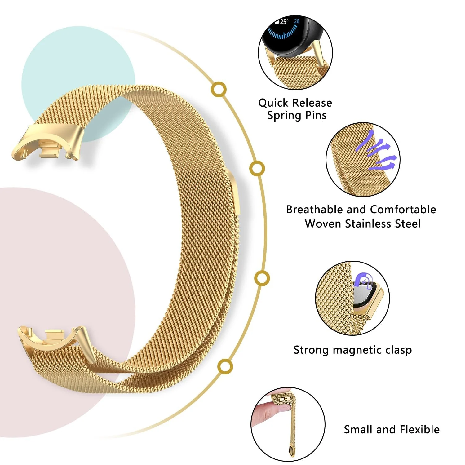 DL3 Mobilak Bracelet Compatible with Xiaomi Mi Band 10/9/8, Stainless Steel Replacement Straps, Mesh Metal Watch Strap, Magnetic Adjustable Replacement Strap For Xiaomi Smart Band 8/9/10 - Gold