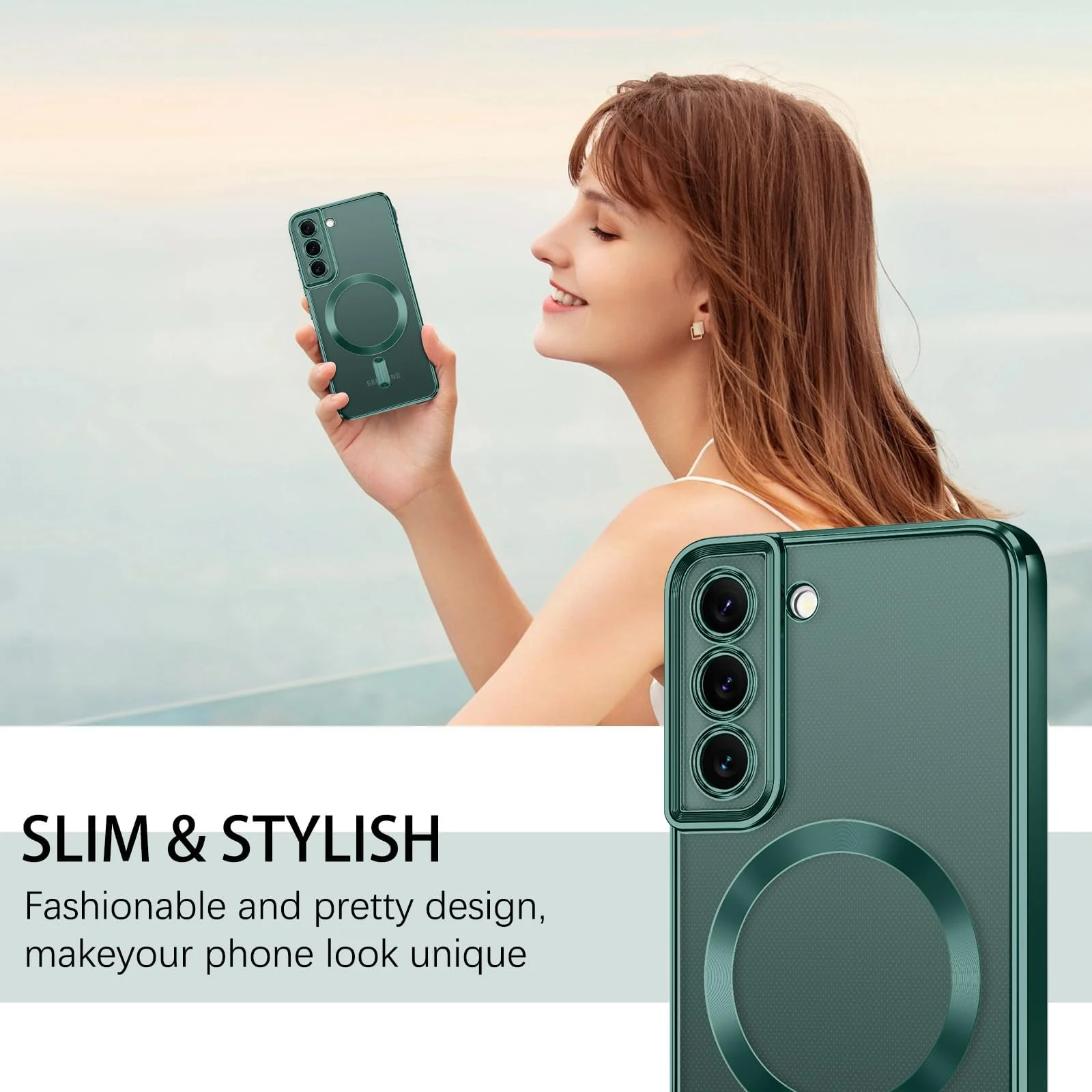 DL3 Mobilak Glitter Protective Case for Samsung Galaxy S22, Compatible with MagSafe accessories, Supports wireless charging, Camera protection - Green