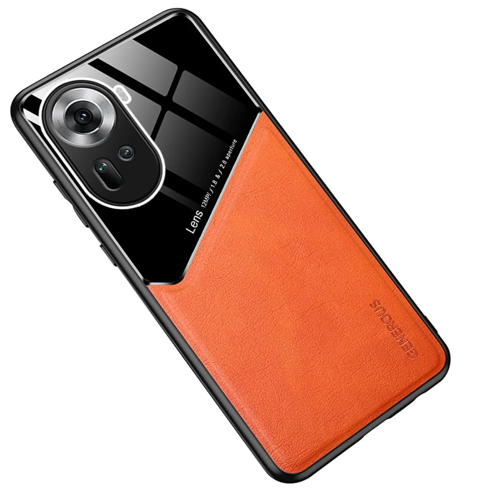DL3 Mobilak Leather and PC Protective Case for OPPO Reno 11 5G, Built-in magnetic car-mount support, Shock-absorbing protection, Raised edges around the screen and camera - Orange