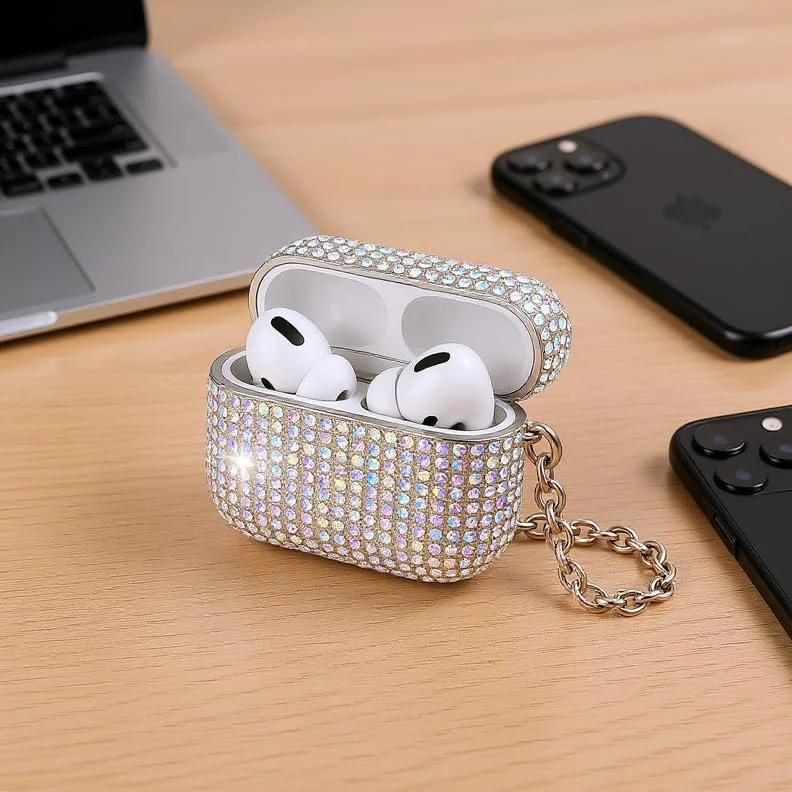 DL3 Mobilak Luxury Rhinestone Case for AirPods Pro 1/2 (AirPods Pro 2nd/1st), Sparkling Glitter Protective Cover with Detachable Metal Hand Chain, Shockproof Ideal Gift for Women & Girls - Colorful