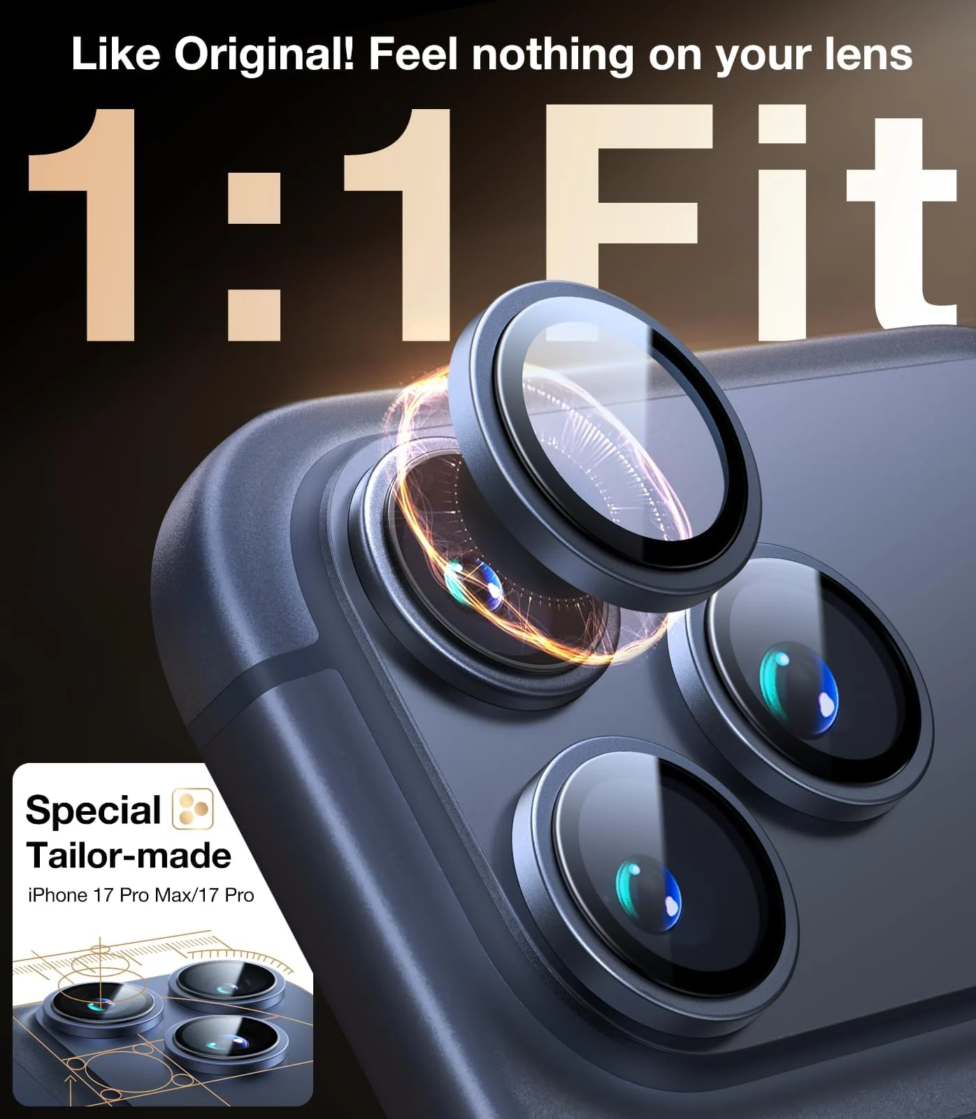 DL3 Mobilak Camera Lens Protector For iPhone 17 Pro/iPhone 17 Pro Max, [Keep Original Shooting] Tempered Glass Screen Protector Metal Individual Camera Cover, Case Friendly - Deep Blue