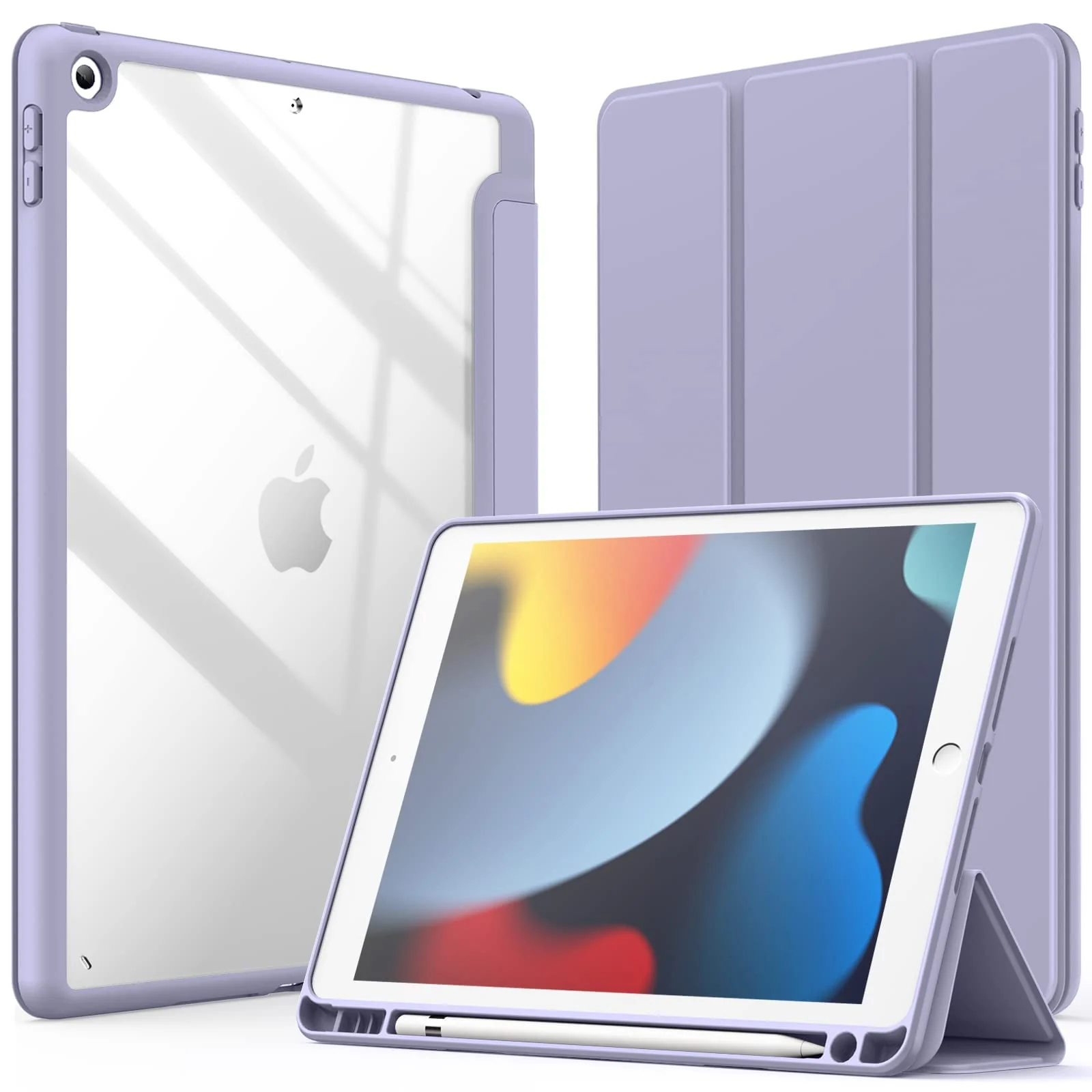DL3 Mobilak Case for iPad 10.2-Inch (9th/8th/7th Generation, 2021/2020/2019), Clear Shockproof Back Cover Built-in Pencil Holder, Auto Sleep/Wake - Lavender