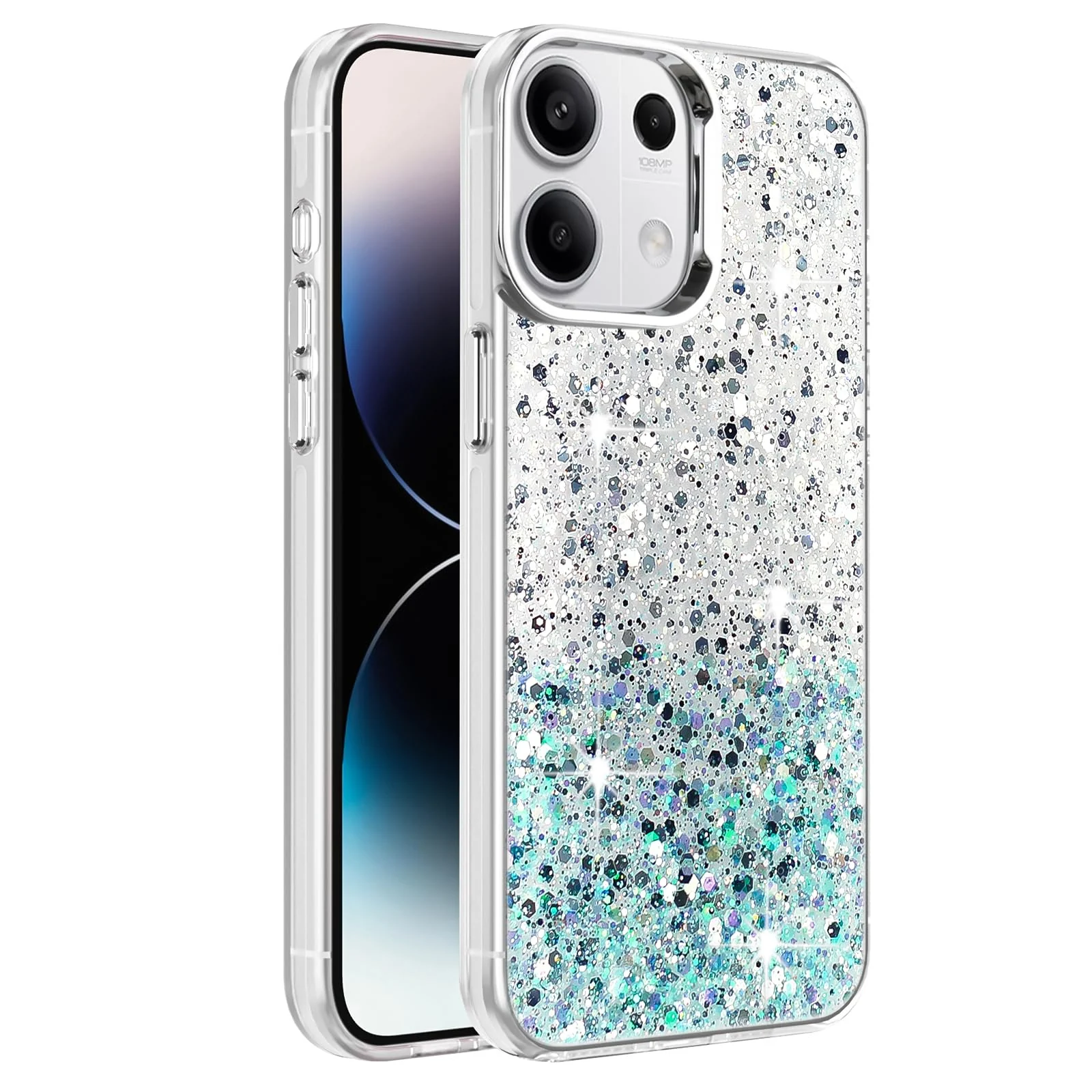 DL3 Mobilak Glitter Protective Case for Xiaomi Redmi Note 13 4G (NOT 5G), Supports wireless charging, Camera protection, Shock-absorbing protection - White Green