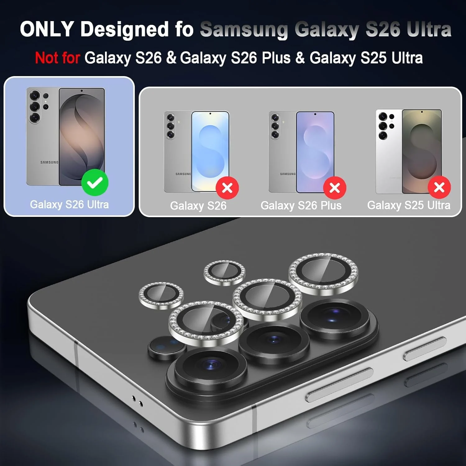 DL3 Mobilak Camera Lens Protector for Samsung Galaxy S26 Ultra Accessories, 9H Tempered Glass Metal Individual Ring Camera Cover Screen Protector, Case Friendly, Anti Scratch - Diamond Silver