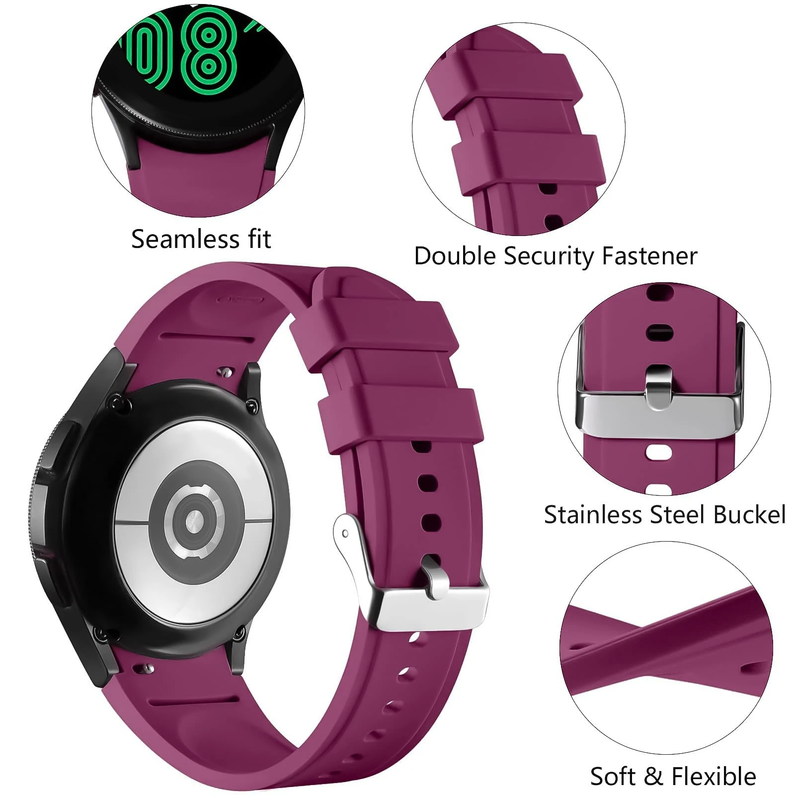 DL3 Mobilak No Gap Bands Compatible with Samsung Galaxy Watch 7 5 4 6 Band 44mm 40mm/Watch 5 Pro 45mm/Galaxy Watch 4 Classic 46mm 42mm Strap,20mm Quick Release Sport Replacement Bands for Women Men - Purplish Red