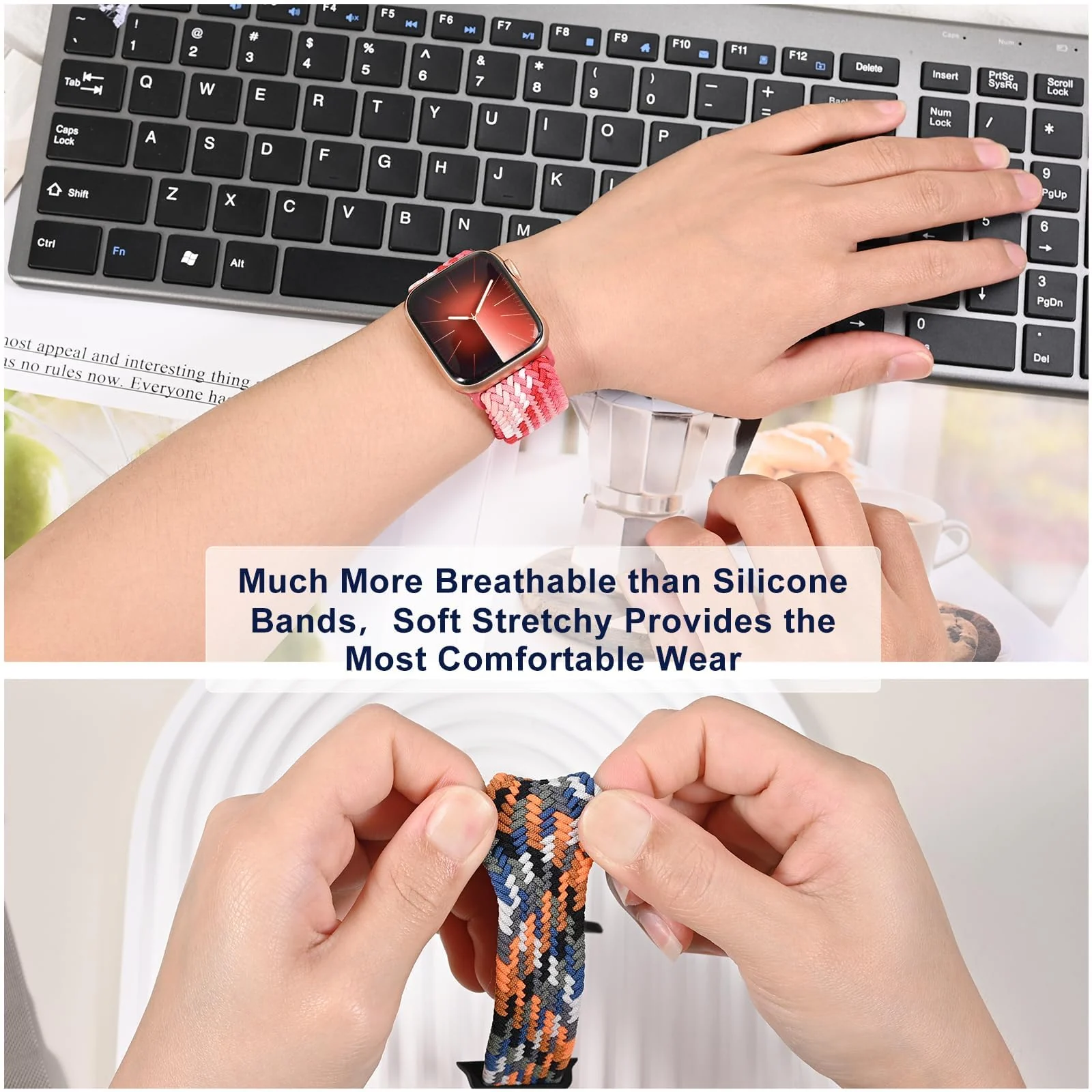 DL3 Mobilak Sport Solo Loop For Apple Watch Band Ultra 49mm 46mm 45mm 44mm 42mm, Adjustable Magnetic Stretchy Nylon Braided Wristband for iWatch SE Series 11 10 9 8 7 6 5 4 3 2 1 (Gradient) - Gradient Red