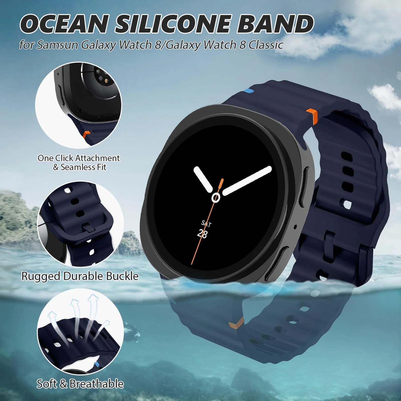 DL3 MOBILAK One-Click Silicone Watch Strap for Samsung Galaxy Watch 8 40 / 44 mm and Watch 8 Classic 46 mm, Midnight Blue