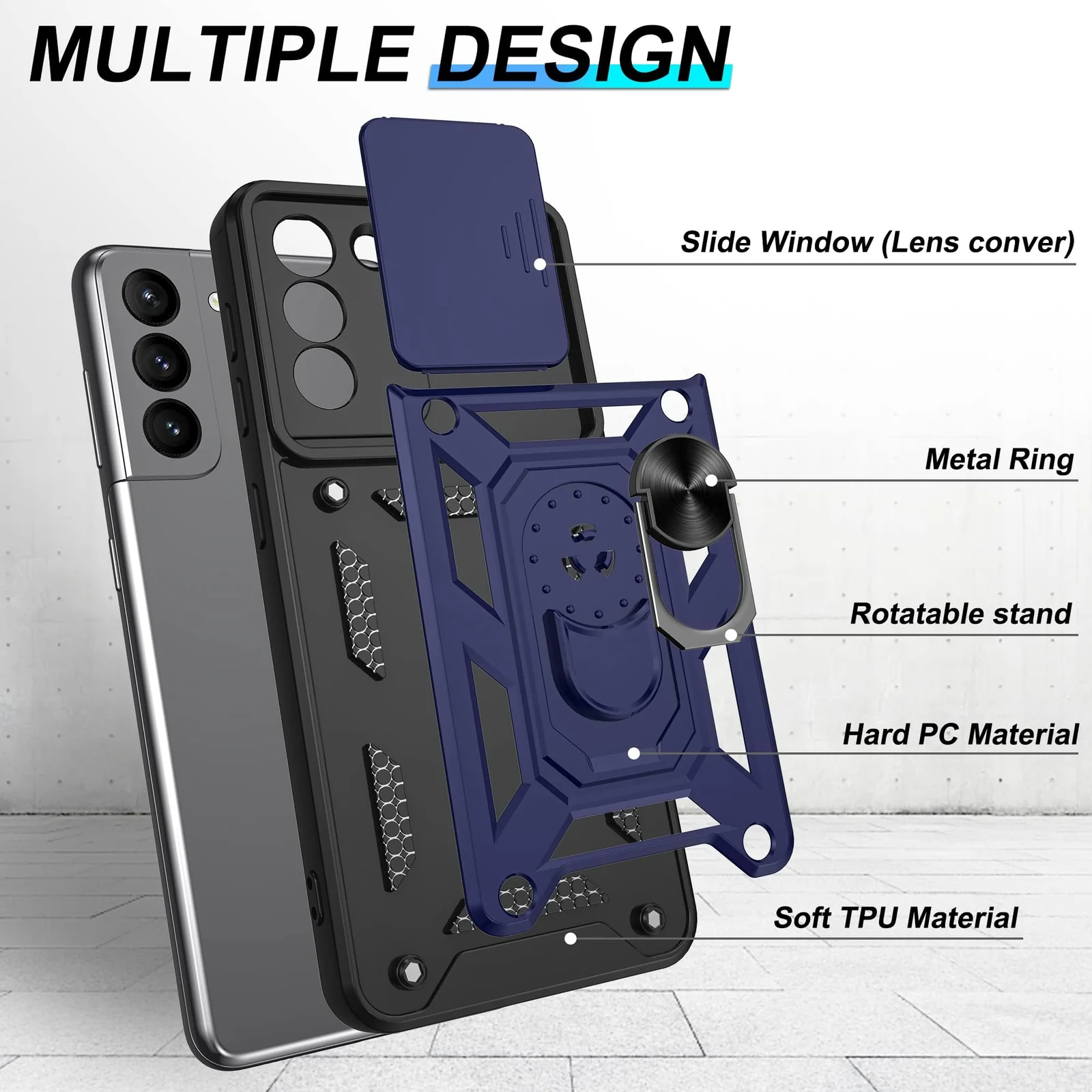 DL3 Mobilak Silicone Protective Case for Samsung S21 PLUS with Slide Camera, Built-in magnetic car-mount support, Shock-absorbing protection, Built-in kickstand - Blue