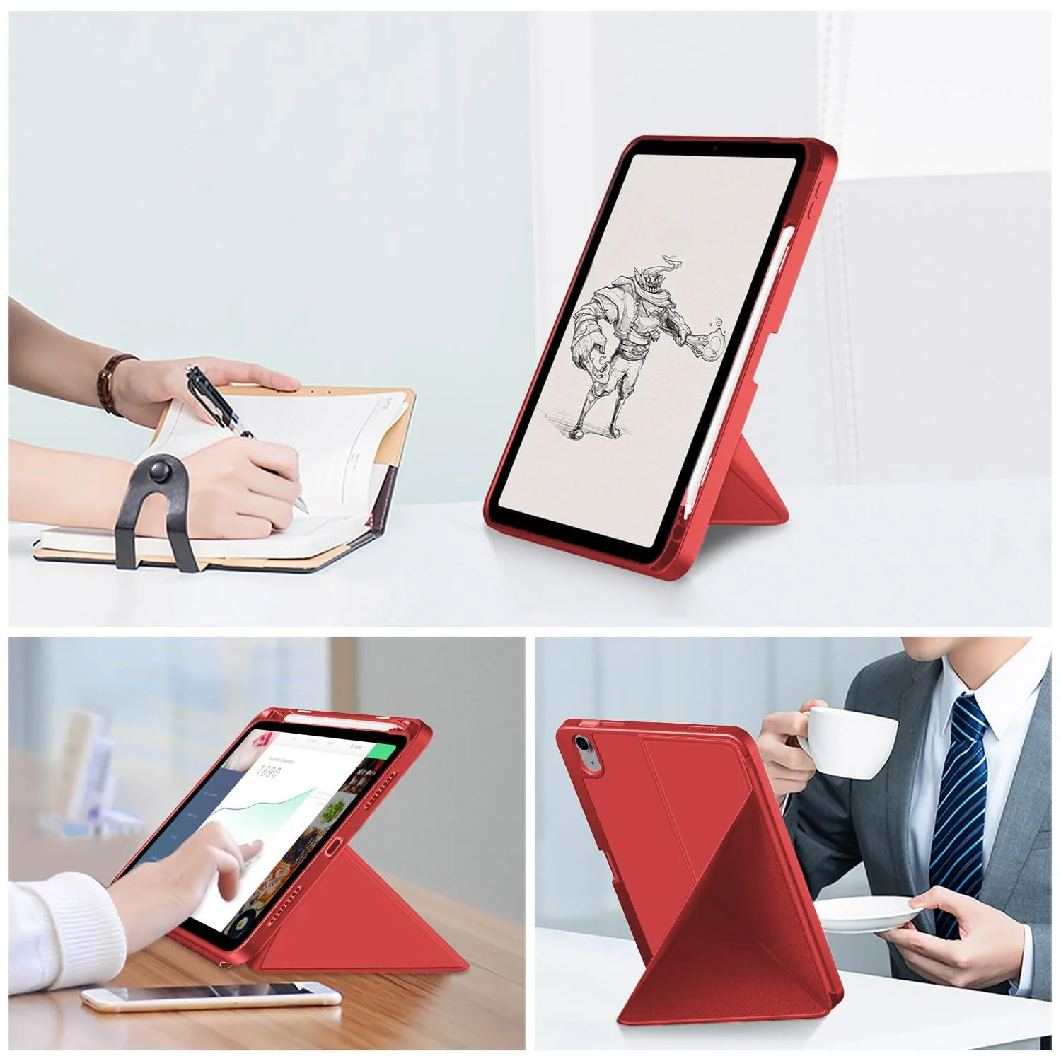 DL3 Mobilak Compatible with iPad Air 5/4 (2022/2020 5th/4th Generation 10.9-Inch) Case, Smart Stand, Pencil Holder, Shockproof Slim Lightweight Leather Cover, Modern Abstract Design - Red