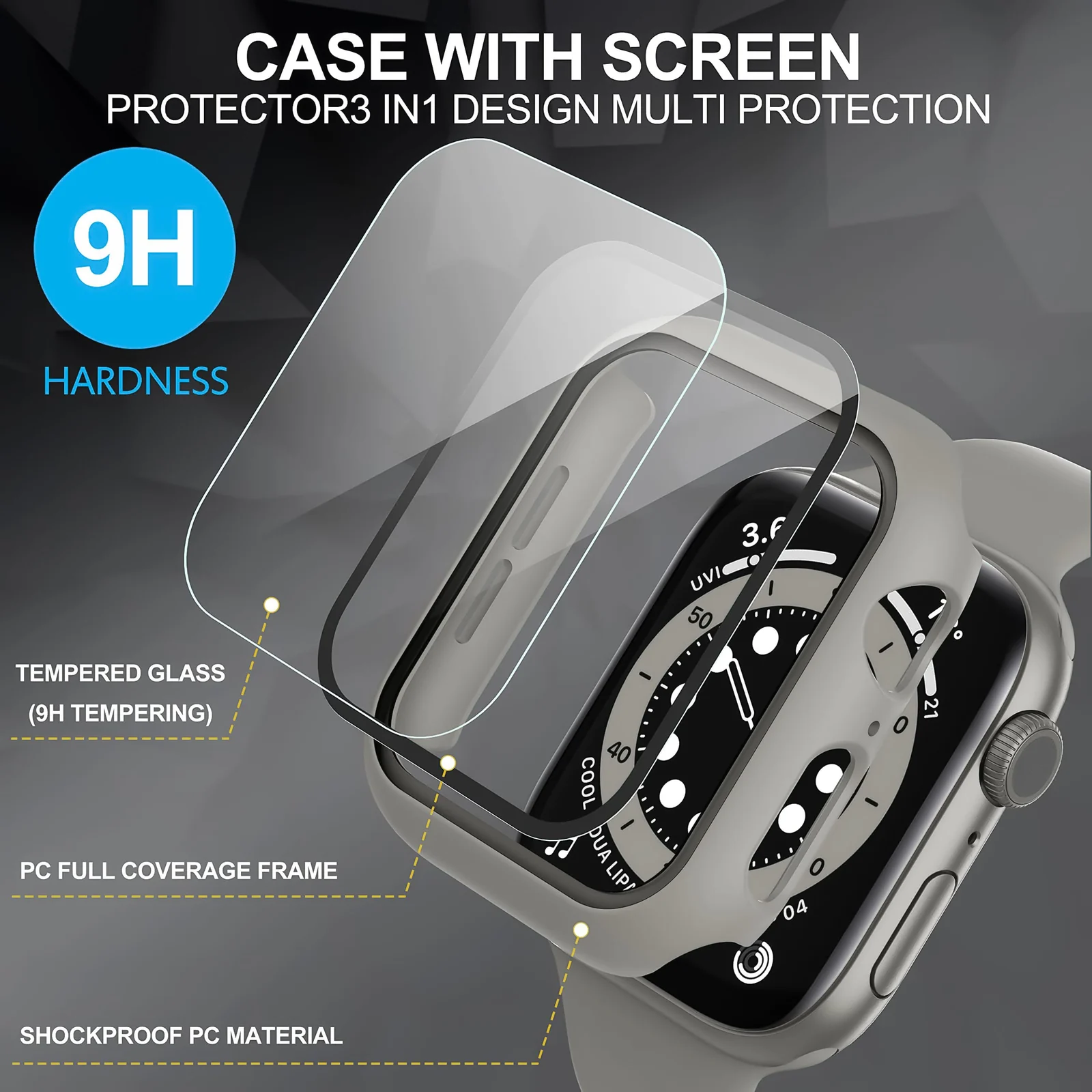 DL3 Mobilak Hard Case Designed for Apple Watch Series 9/8/7 45mm, Built-in 9H [HD Clear] Tempered Glass Screen Protector, [Full Protection] Slim Cover for iWatchSeries 9/8/7 45mm - Gray