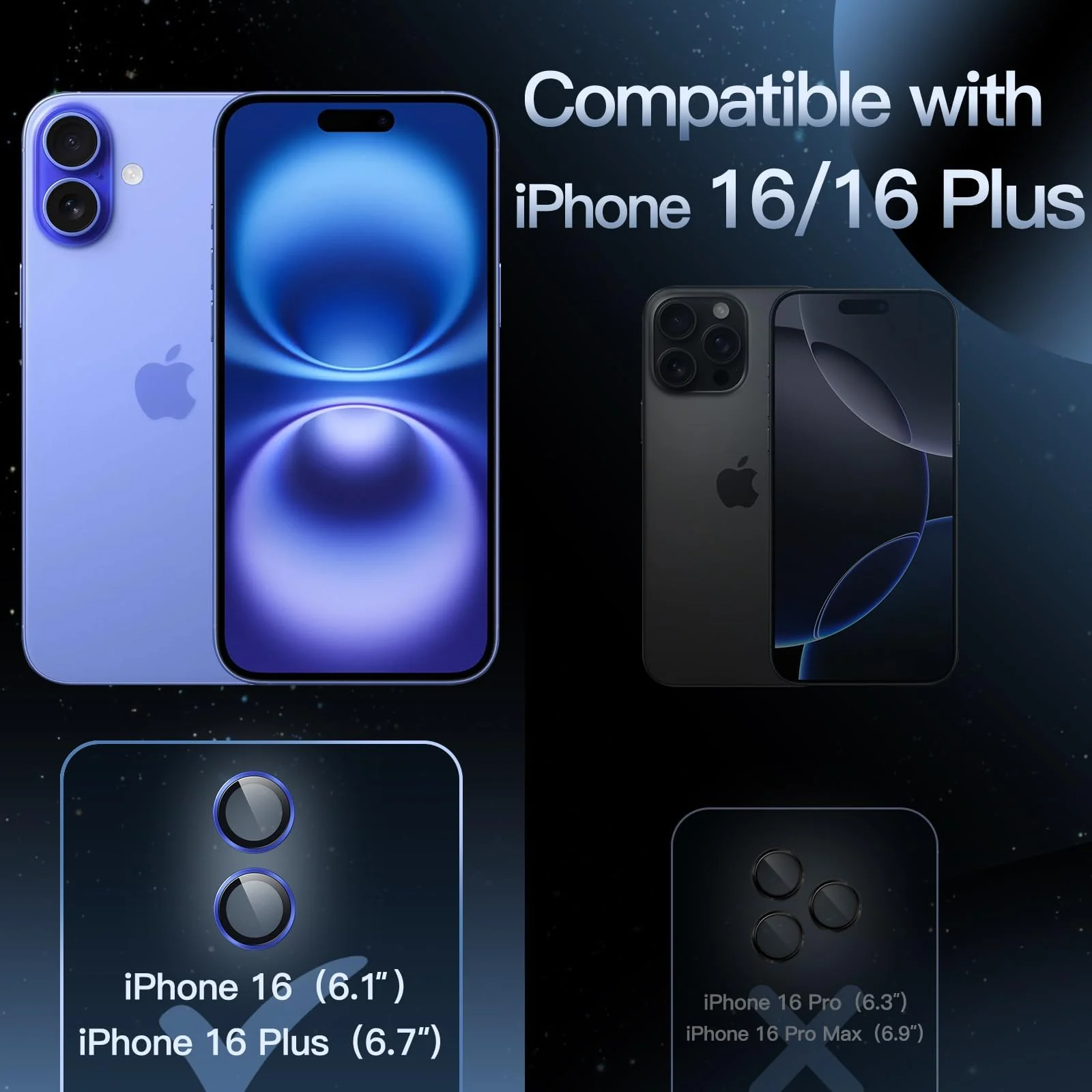 DL3 Mobilak Camera Lens Protector For iPhone 16/iPhone 16+ Plus, [Keep Original Shooting] Tempered Glass Screen Protector Metal Individual Camera Cover, Case Friendly - Ultramarine